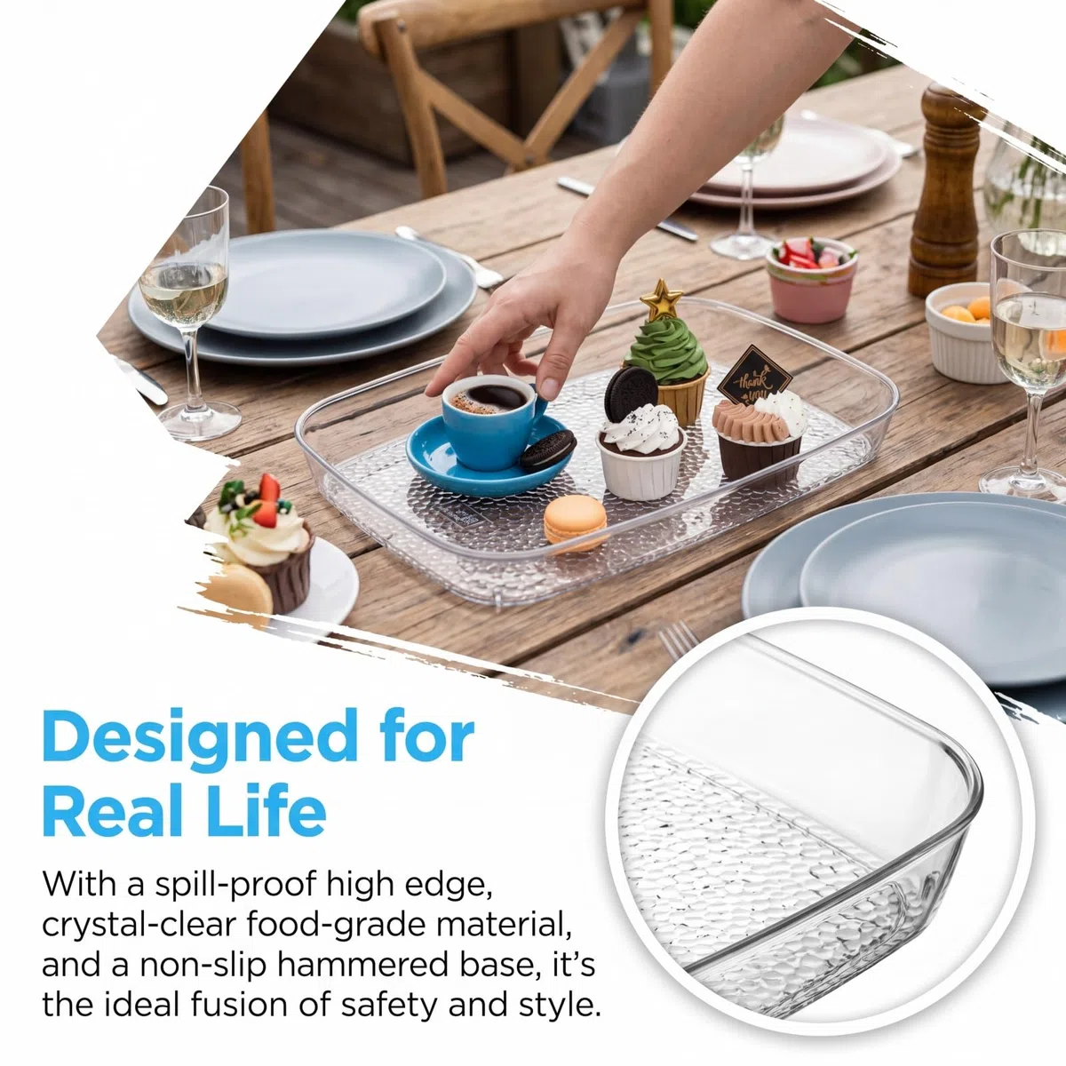 Lyellfe Paquete de 4 bandejas transparentes para servir, 15 x 10 pulgadas de profundidad, a prueba de derrames, mesa de café decorativa, bandeja de perfume para baño, mesa de comedor, armario de