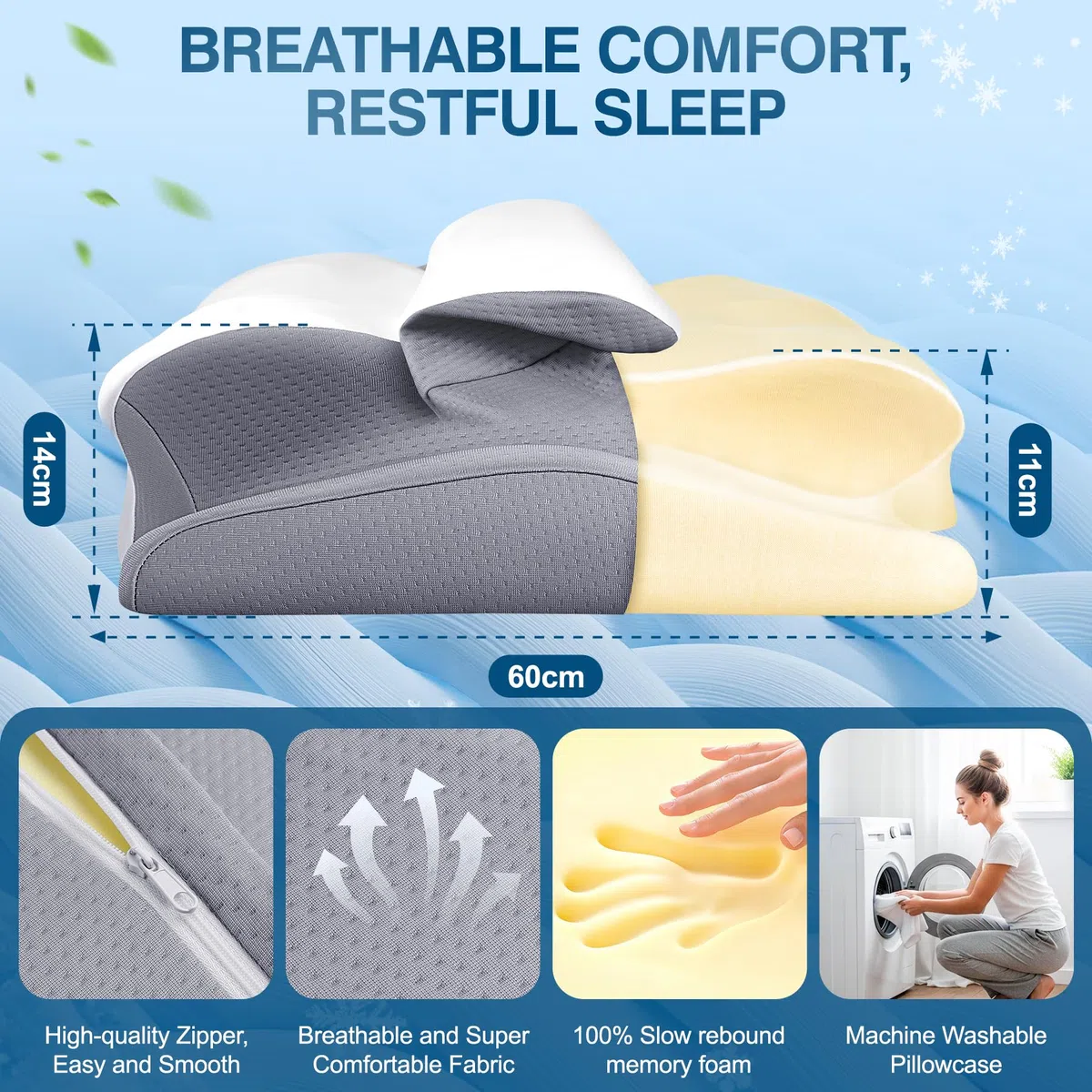 Almohada Cervicales y Cuello, Almohada Ergonómico Espuma de Memoria, Tecnología de Enfriamiento, Dormir de Lado, Espalda y Estómago