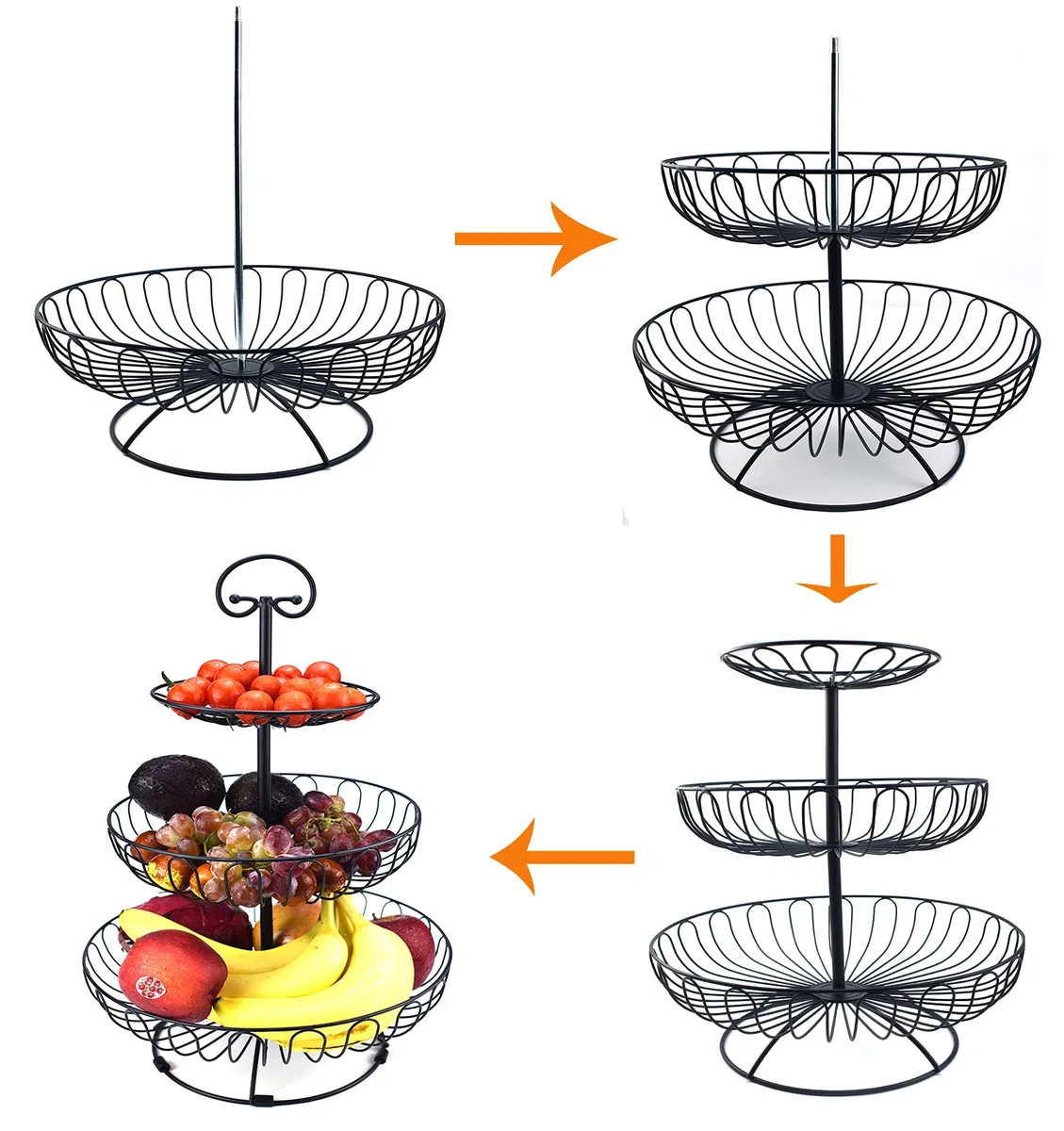 Azatemgo Cesta de Frutas Metal - Elegante Soporte 3 Niveles, Capacidad Extra, Fruteros Modernos de Cocina, Negro 30 x 45 cm