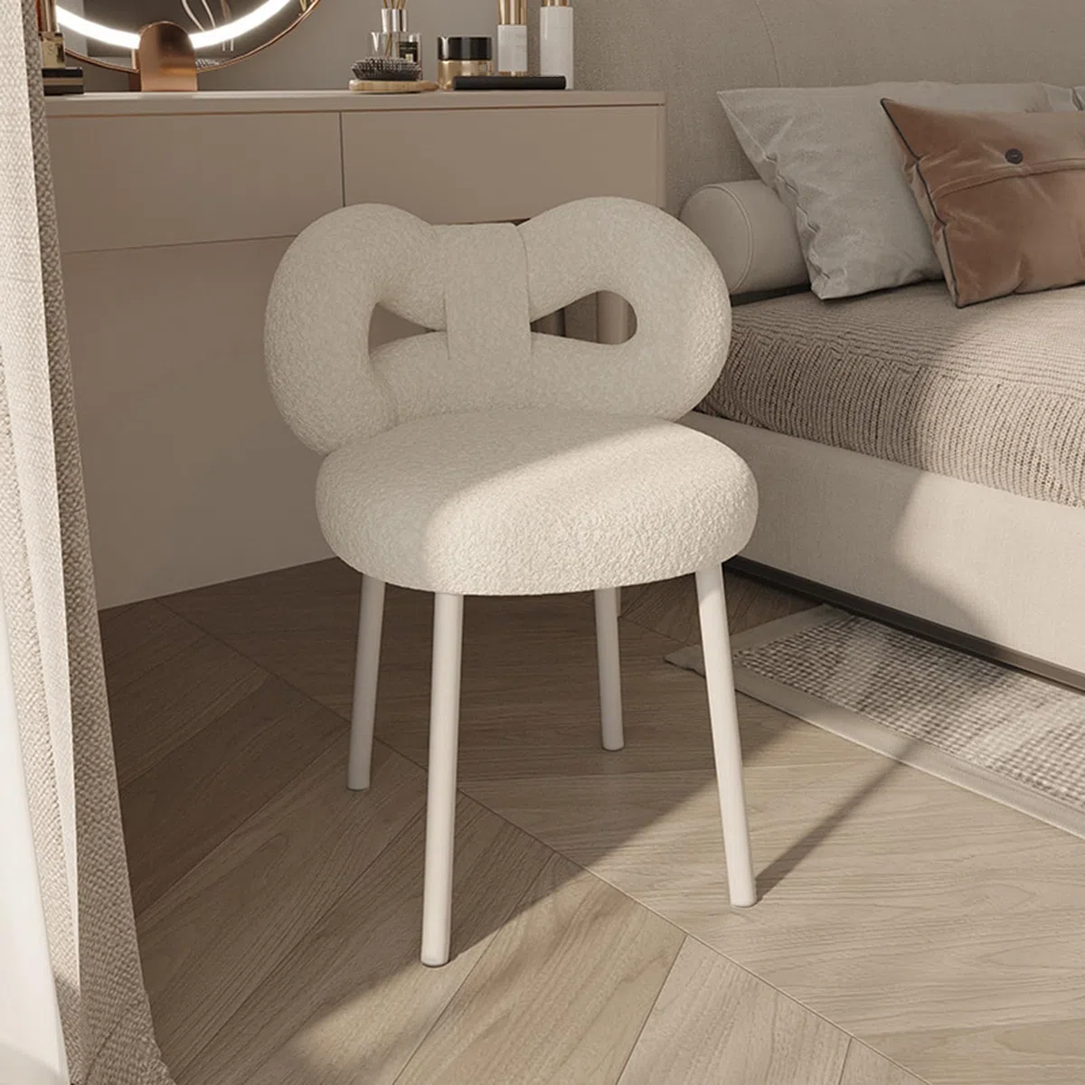 Taburete de tocador pequeño con respaldo de lazo, almohadillas para los pies, silla de vestidor sin brazos sin ruedas para mujeres y niñas, silla de maquillaje con respaldo para dormitorio
