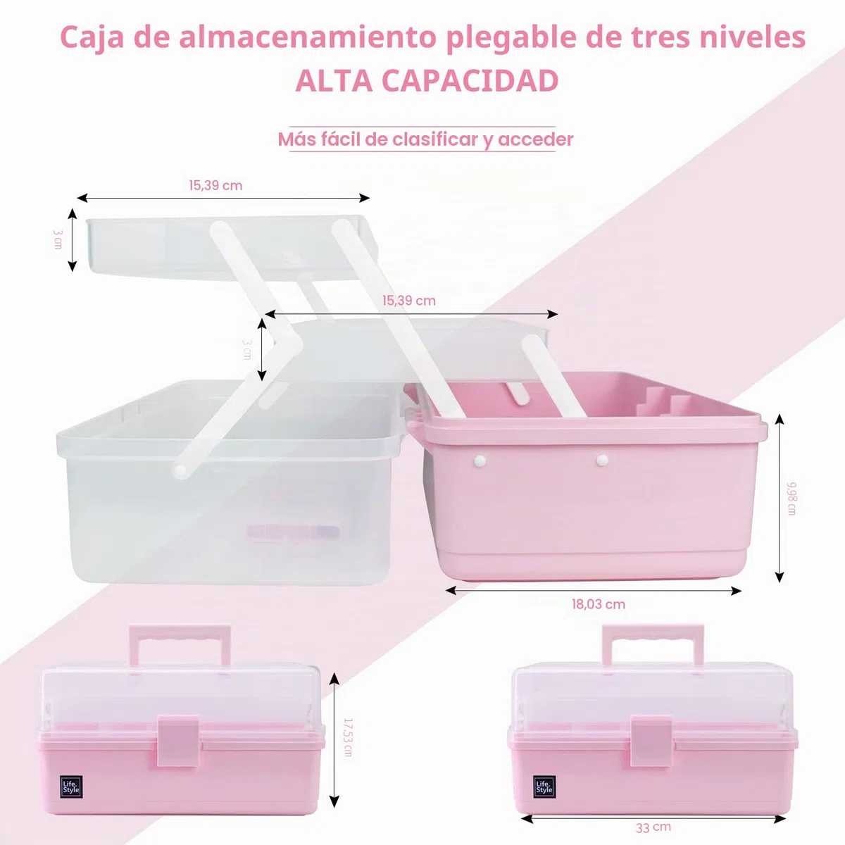 Creahaus Caja de almacenamiento multiusos de 33 cm, con 3 estantes, caja organizadora, caja de manualidades, caja de costura, maletín de medicina, caja de herramientas, maletín de pesca con 2 estantes
