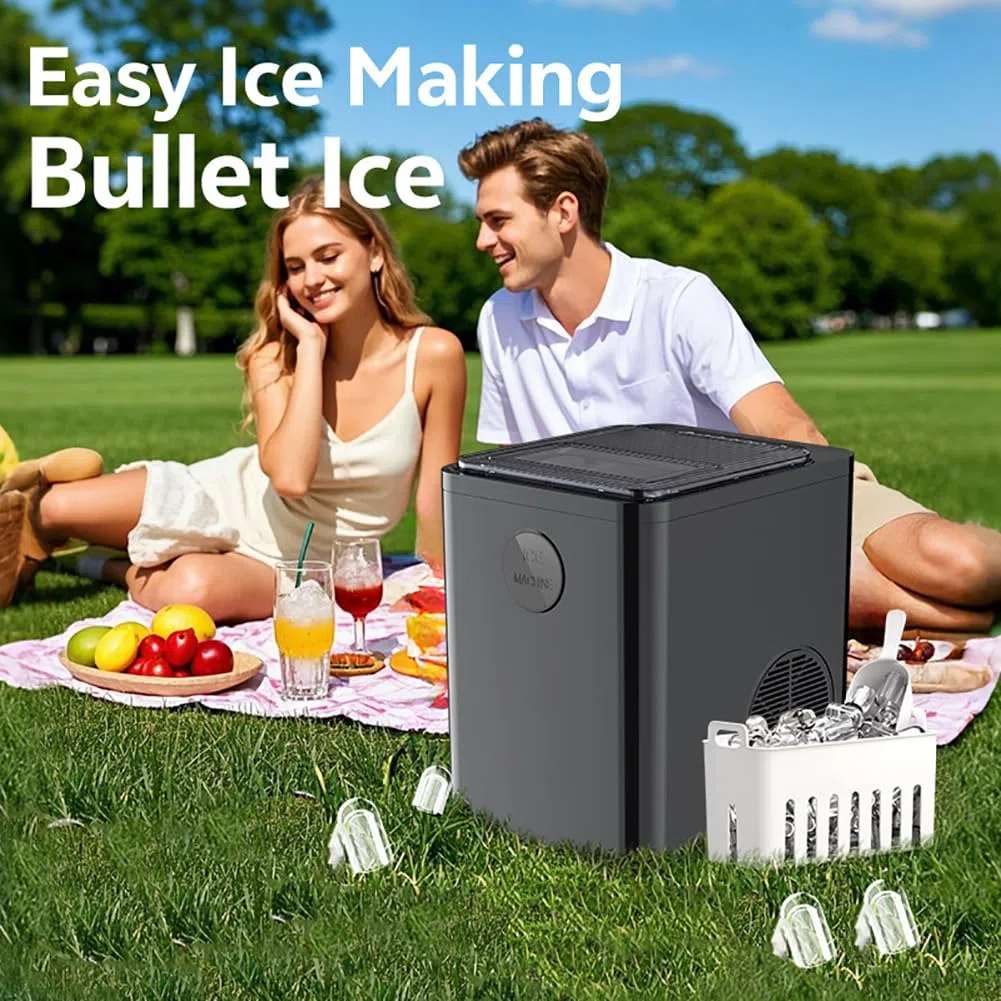 Fabricante de hielo de nugget de encimera, máquina de hielo compacta de 9 pcs/6 minutos, cubo de hielo de 2 tamaño, auto limpieza, para bar de casa, encimera de cocina, vehículos recreativos black