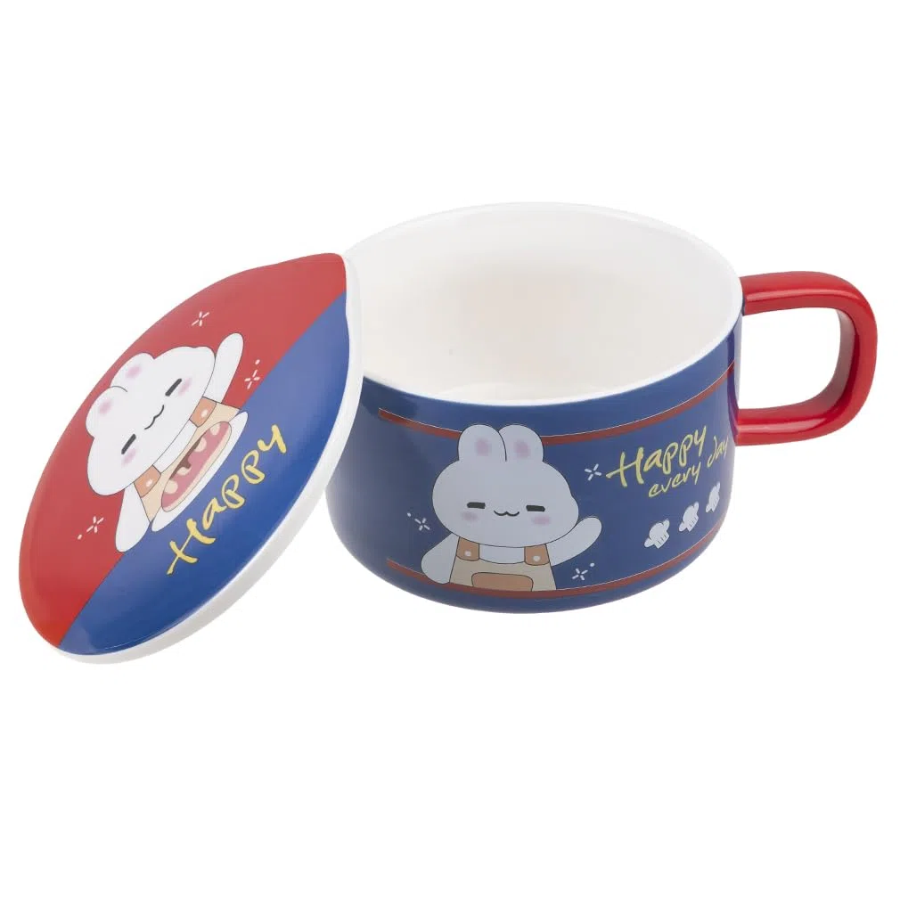 lachineuse – Cuenco de fideos instantáneos – Cuenco de ramen asiático – Porcelana – Diseño de conejo – 1000 ml – Tapa y cubiertos – Desayuno sopa – Idea de regalo Asia Japón China – Azul oscuro