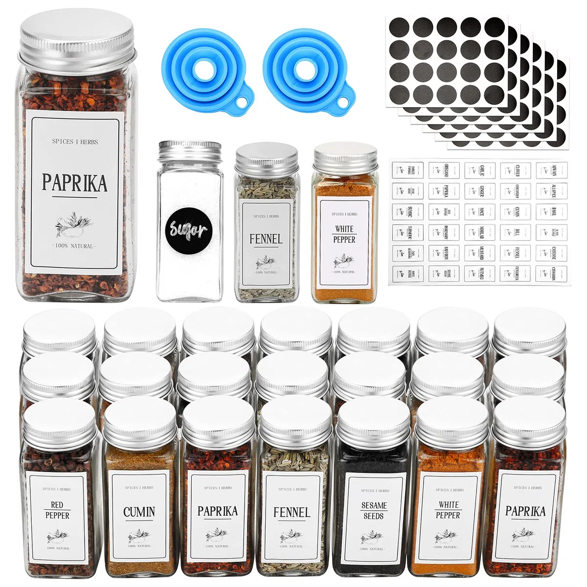 Tarros de especias con tapas, 25 unidades, tarros cuadrados de vidrio de 4 onzas con etiquetas, tapas de coctelera, 45 unidades, recipientes de especias de cocina de 4.2 onzas líquidas con bolígrafo