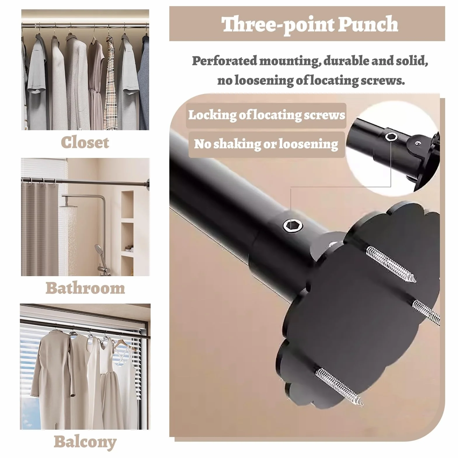 Soporte ajustable de acero inoxidable para barra de ducha giratorio de 180°, soporte para armario sin taladrar para paredes en ángulo, se adapta a 29-45 pulgadas (negro)
