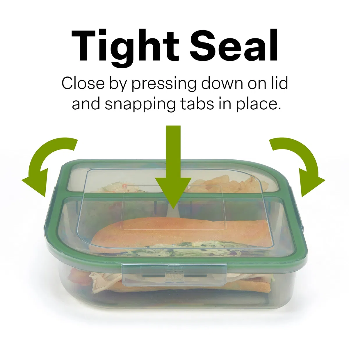 MyGo Container Grandes contenedores para alimentos de 3 compartimentos, paquete de 3, 9-3/8" x 9-3/8" x 2-1/2", reutilizables, apto para microondas, certificado NSF, humo/verde