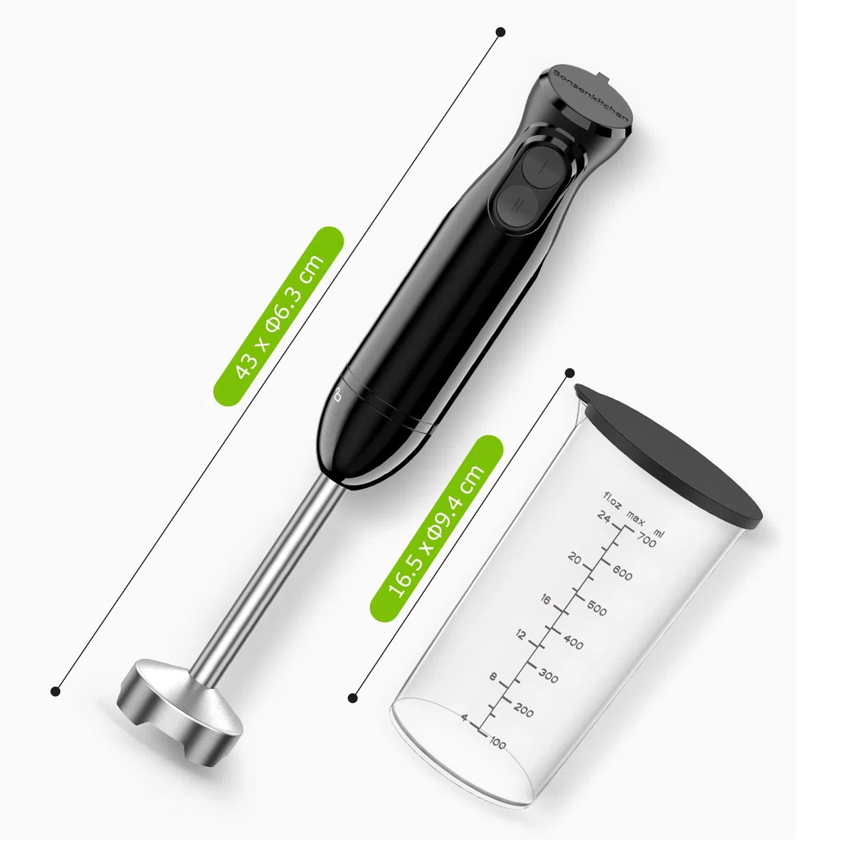 BonsenKitchen Batidora de mano, batidora de inmersión 2 en 1 de mano，vaso de precipitados de 700 ml para hacer alimentos para bebés, batidos, sopas, (negro)