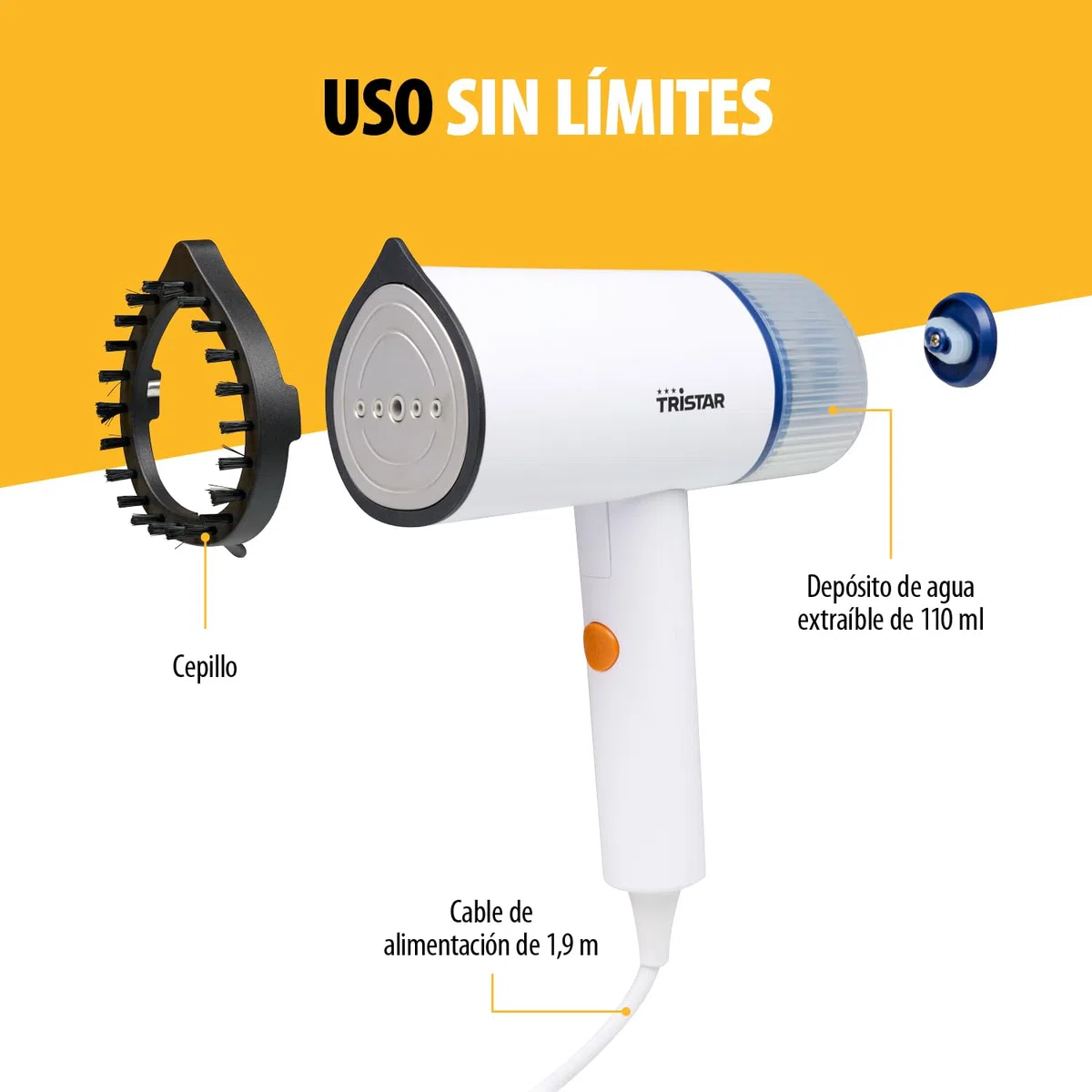 Tristar Vaporizador de Mano Para Ropa, Depósito de Agua de 110 ml, 1200 W de Potencia, Mango Plegable, Diseño Compacto Para Refrescar Prendas, ST-8960