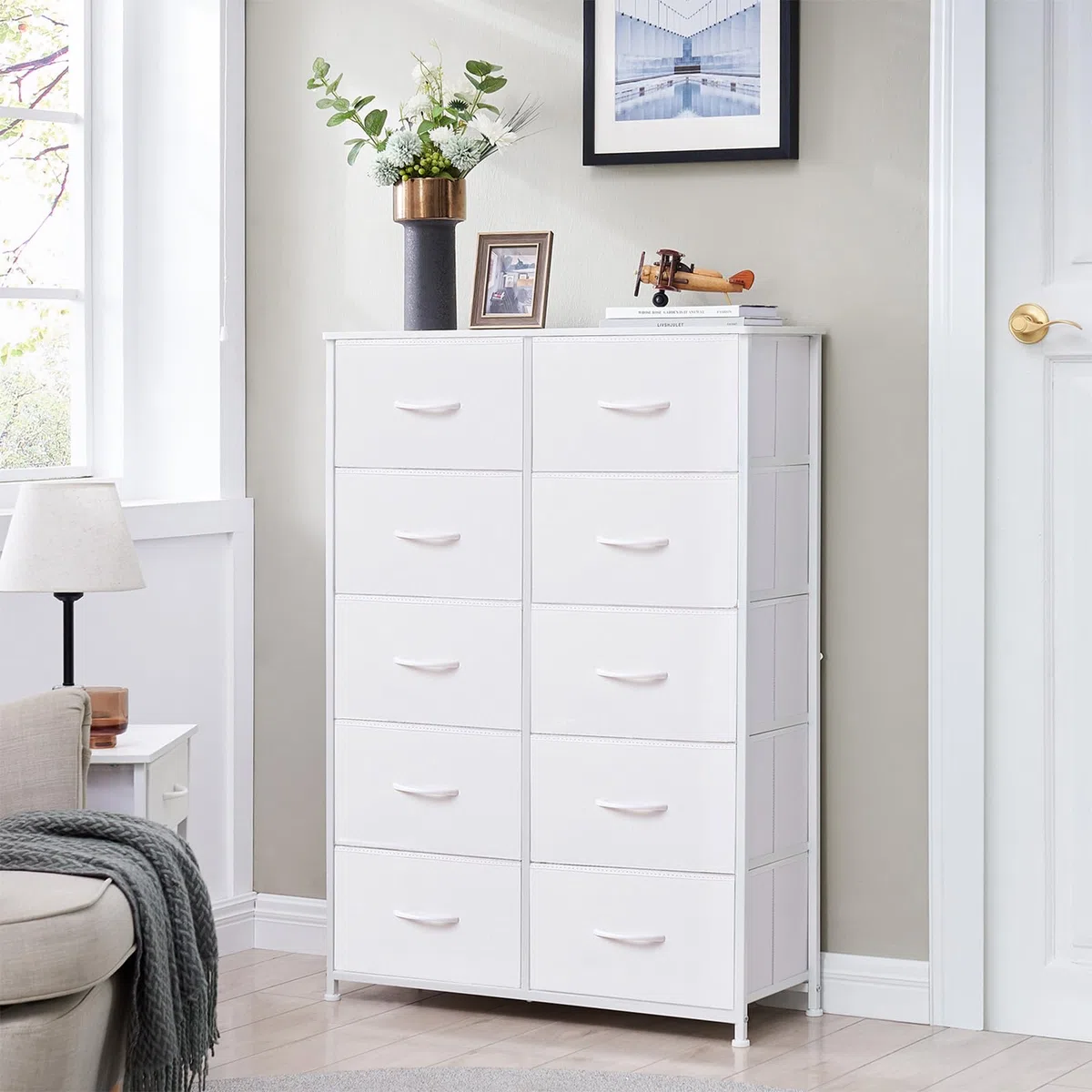Somdot Comoda con Cajones de Tela, Cajonera Dormitorio, Armario para Salón, Estudio y Habitación Infantil, Gavetero, 30 Profundidad x 80 Ancho x 114,5 Alto (10 Cajones), Blanca