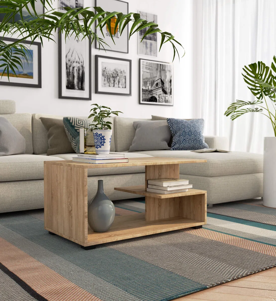 Mesa de café de madera | Mesa de centro moderna | Cómoda para la sala de estar | Decoración del hogar | Mesas de 3 niveles | Tablero laminado de aglomerado de 16 mm | 90 x 45 x 51 cm | Roble Sonoma
