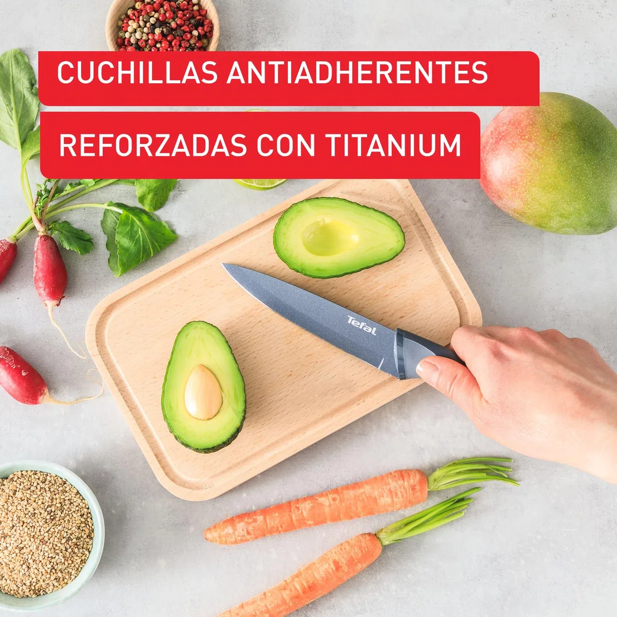 Tefal Fresh Kitchen - Bloque de madera con 5 cuchillos (Pelador 9 cm, Utilitario 12 cm, Chef 15 cm, Rebanador 20 cm, Pan 20 cm), acero inoxidable de alta precisión, K122S5