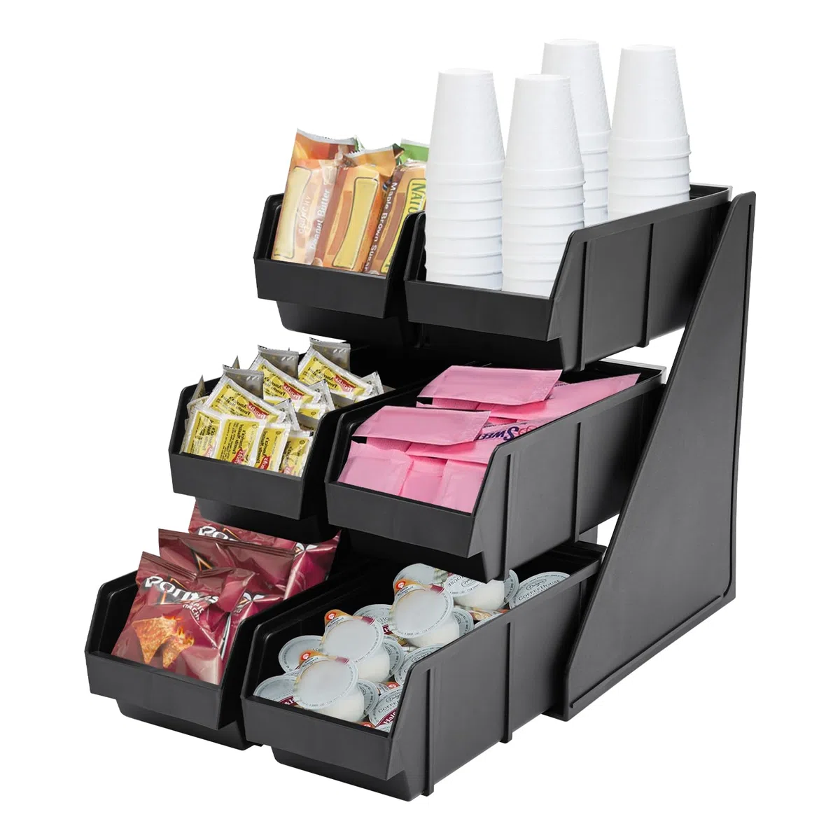 Soporte Organizador de condimentos de 3 Niveles con 6 Compartimentos para condimentos, Sobres de Salsa y café, de plástico Negro. Organizador de Almacenamiento para Bar, Restaurante, cafeter