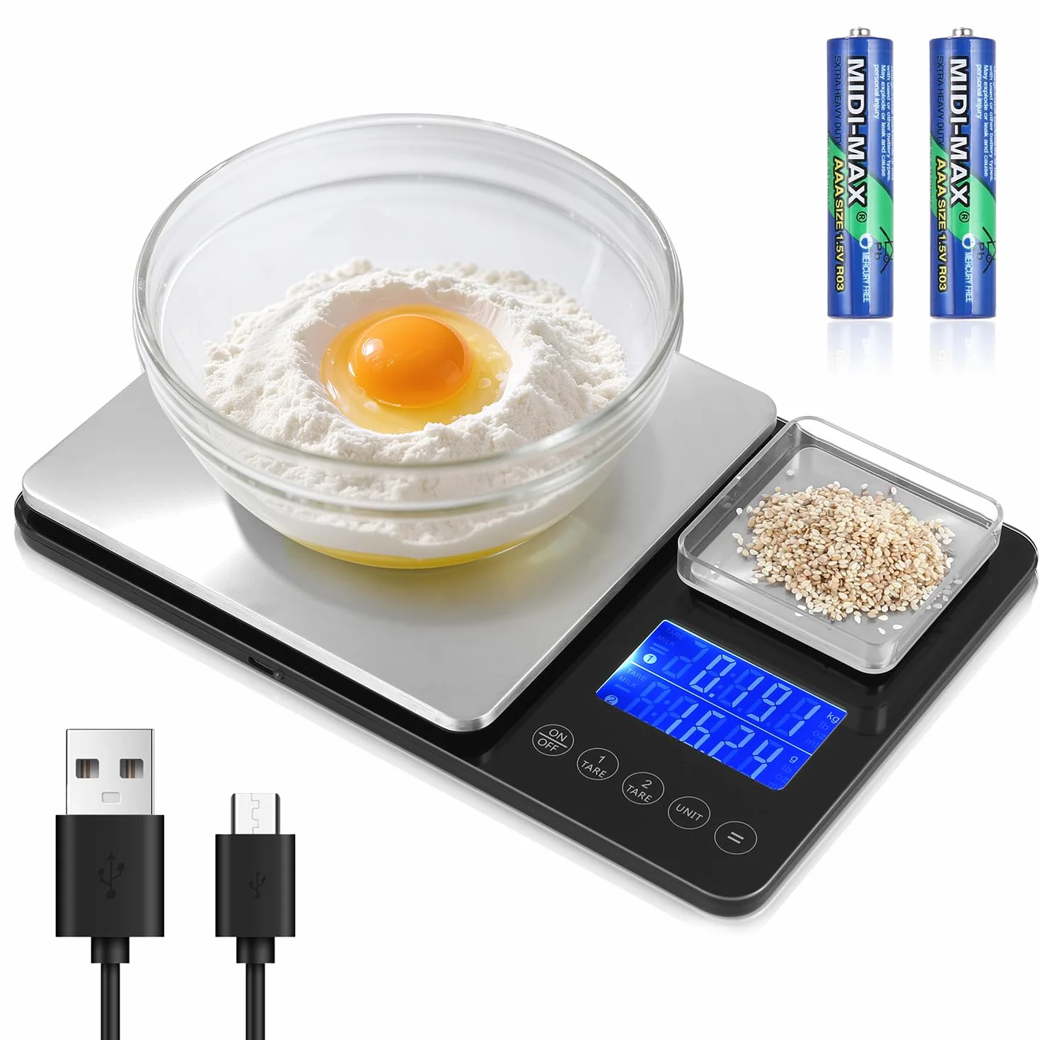 Báscula de Cocina Digital con Doble Plataforma (10kg/1g & 500g/0.01g), Recargable por USB & con Pilas, Acero Inoxidable, Pantalla LCD, 7 Unidades, ideal para Cocina & Repostería