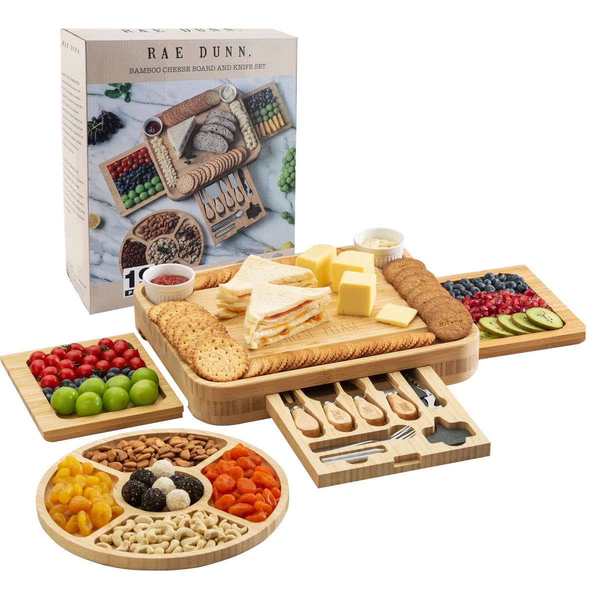 Rae Dunn Tabla de embutidos y accesorios, juego de tablas de charcutería grandes, juego de tablas de queso de bambú con tenedores y platos para servir, cuchillos de queso incluidos
