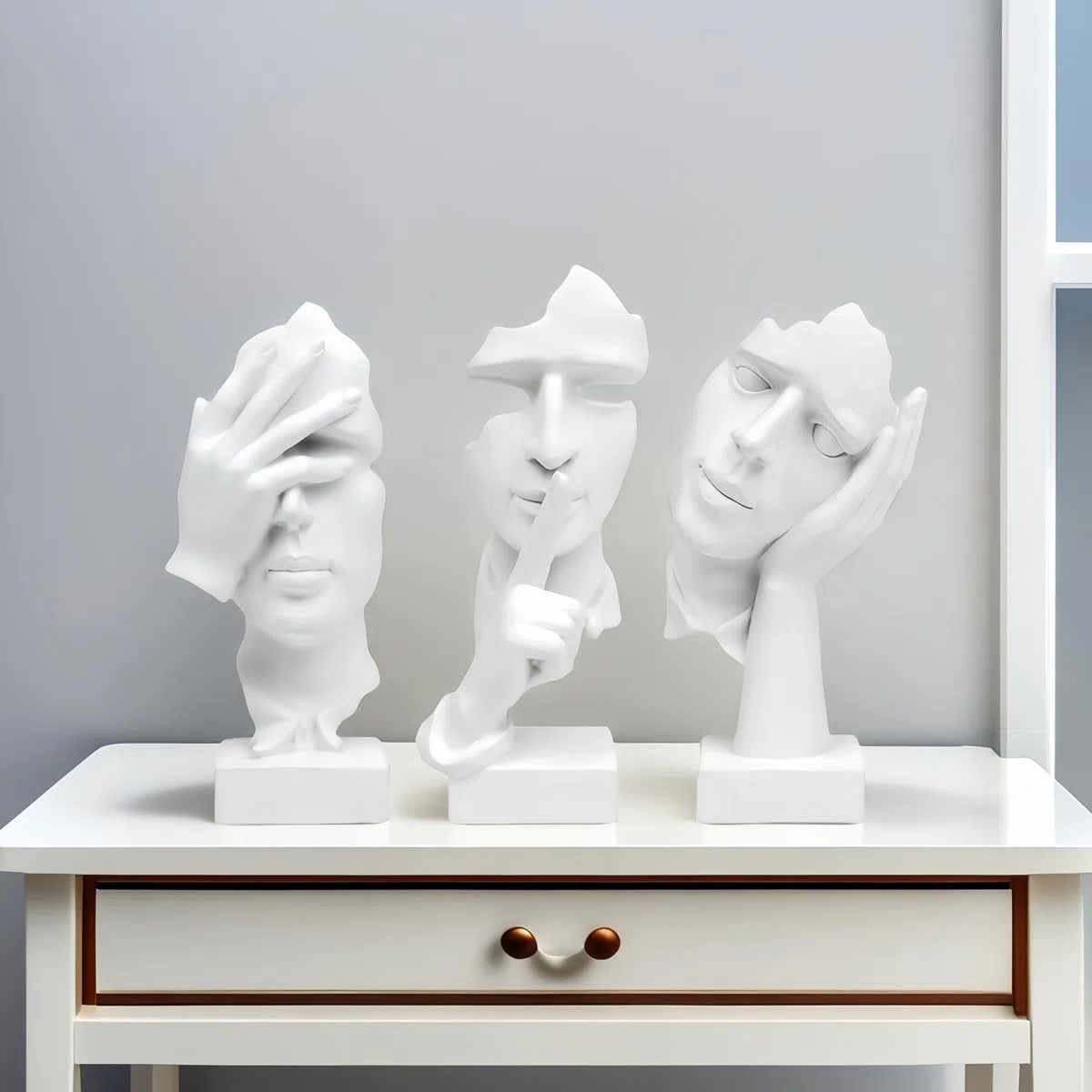 Estatua de Pensador de 3 Piezas, el Silencio es Oro Figura de Arte Abstracto, esculturas de Resina para el hogar Moderno,Decoración de Estantería,Decoraciones de Oficina, Regalo (Blanco)