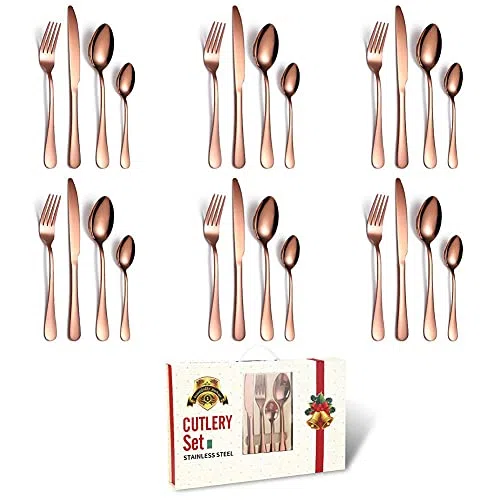 Juego de cubiertos de acero inoxidable (6 unidades), de primera calidad, de acero inoxidable apto para uso alimentario, elegante y duradero. Incluye cuchillos, tenedores y cucharas (24 piezas colorida