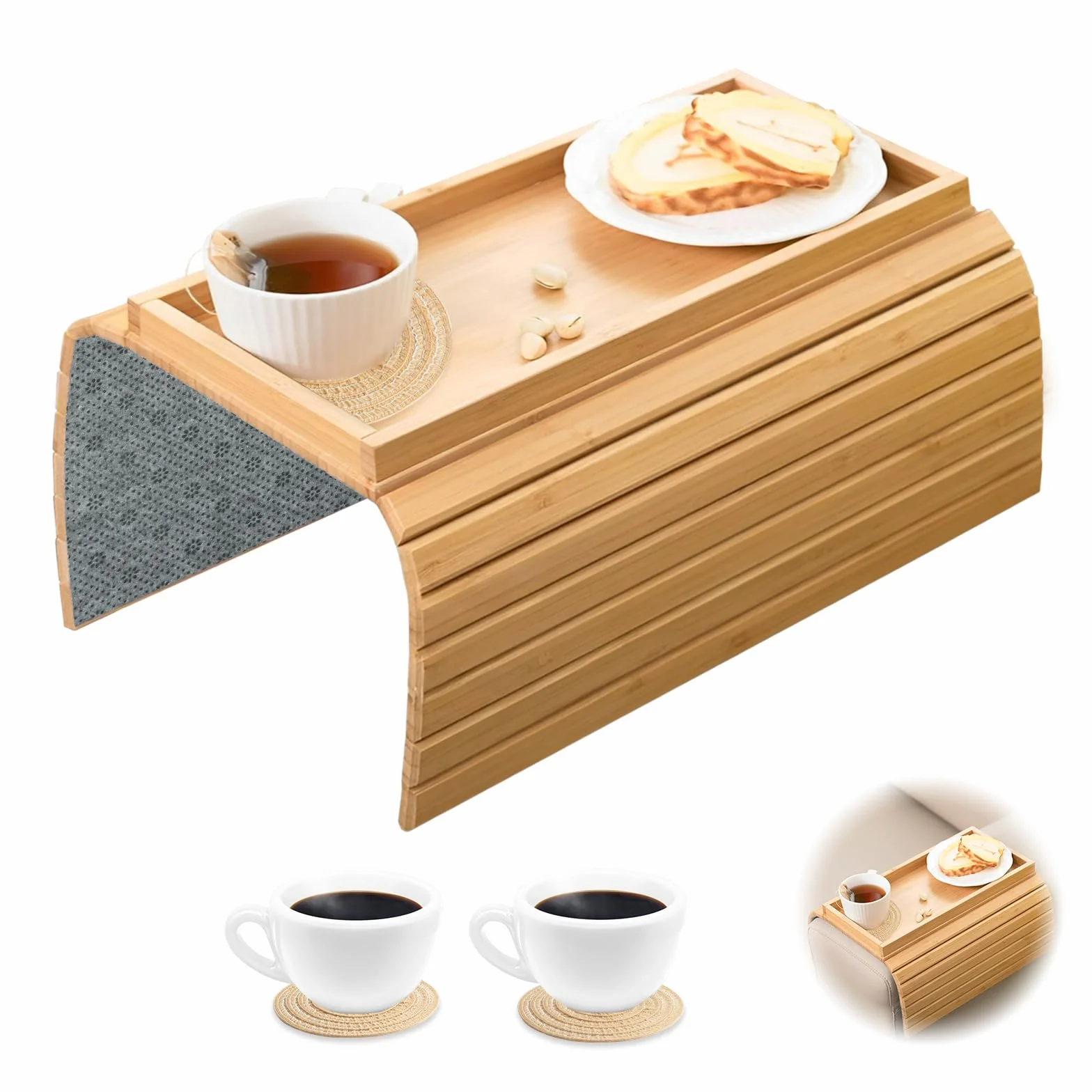 Bandeja de Brazo para Sofá con Alfombrillas para Tazas, Mesa de Brazo de Sofá Plegable, Madera Antideslizante para Aperitivos, Mando, Tazas