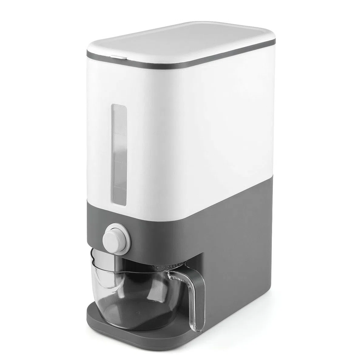 Dispensador de arroz de 25 libras, contenedor de grano grande con tapa, cilindro de medición a prueba de humedad, dispensador de cereales para cocina, maíz de soja