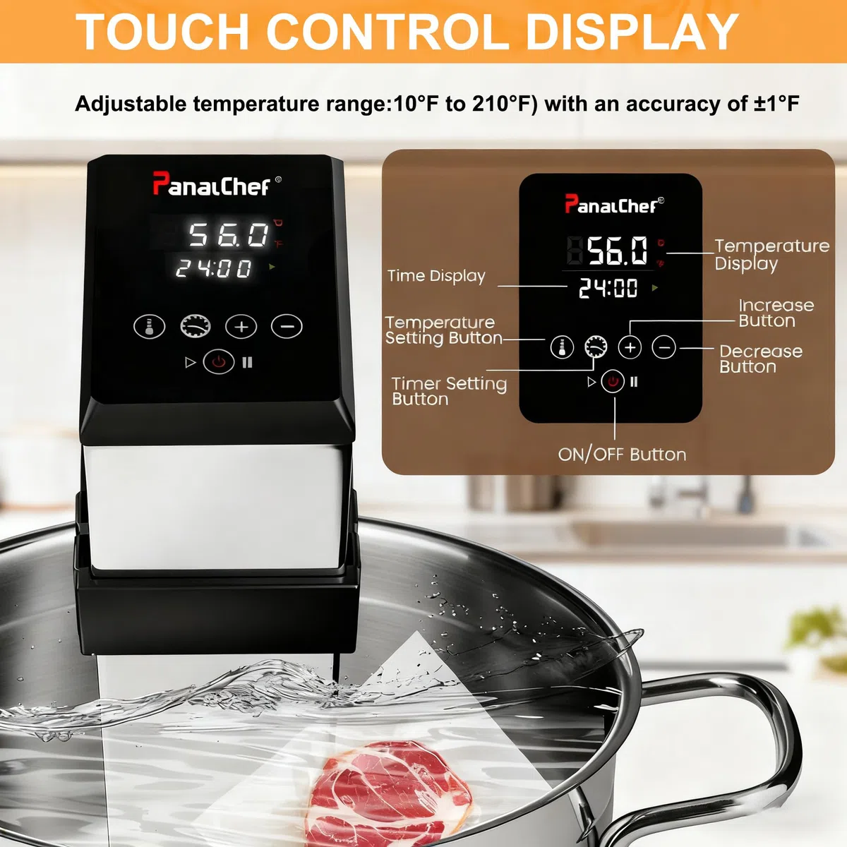 Sous Vide, 1600W Aparato de Cocina Precisión Cocina Baja Temperatura, LCD táctil, Temporizador, Cocinero Circulador, Máquina de Cocción al Vacío de Acero Inoxidable