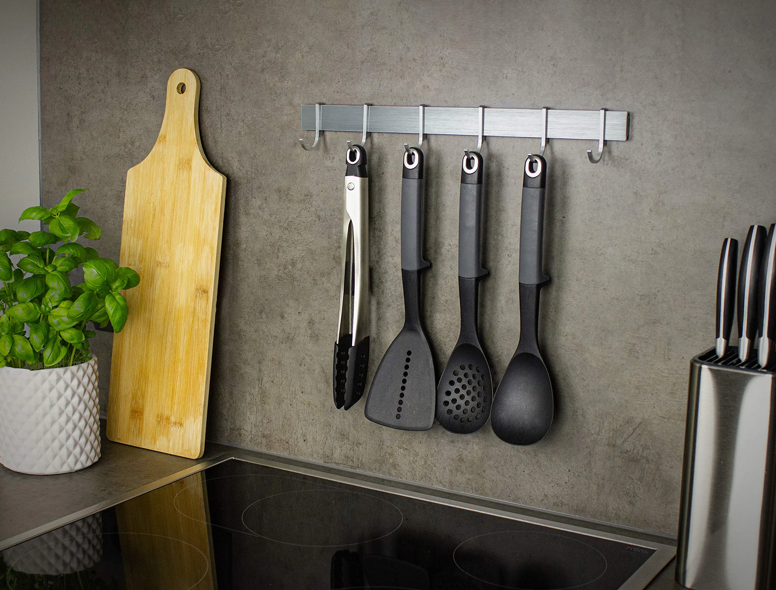 Design Hamburgo Barra de Cocina | autoadhesiva | Colgador de Utensilios y Accesorios | Sin Taladrar | 6 Ganchos Móviles | 40cm | Diseño plateado gris