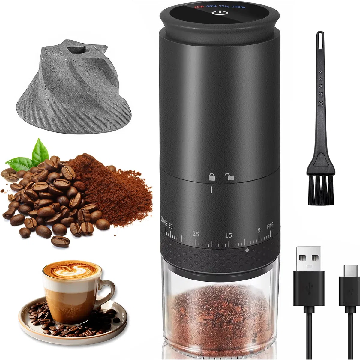 Molino de Café Eléctrico Portátil, Molinillo de Café con Muelas Cónicas de Cerámica, 2000mAH Recargable USB, Ideal para Hogar, Oficina, Campamento y Viajes (negro, L)