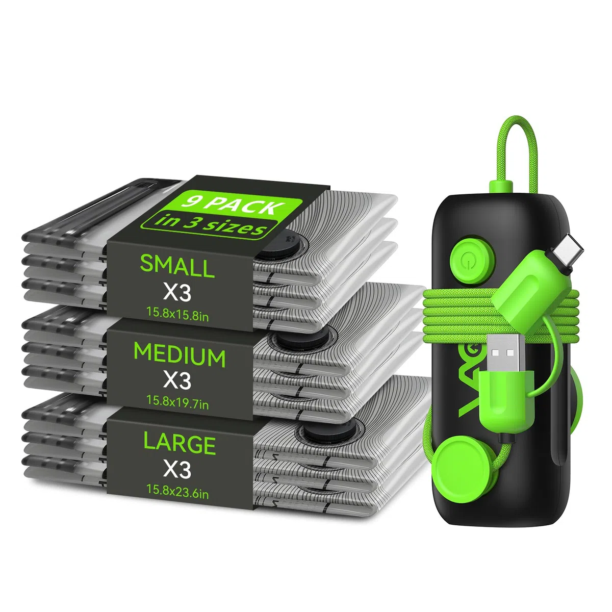 Bolsas de vacío para viajes, bomba eléctrica USB, paquete de 9 bolsas de sellado al vacío de tamaño de mano para ropa, bolsas de almacenamiento al vacío que ahorran espacio para equipaje