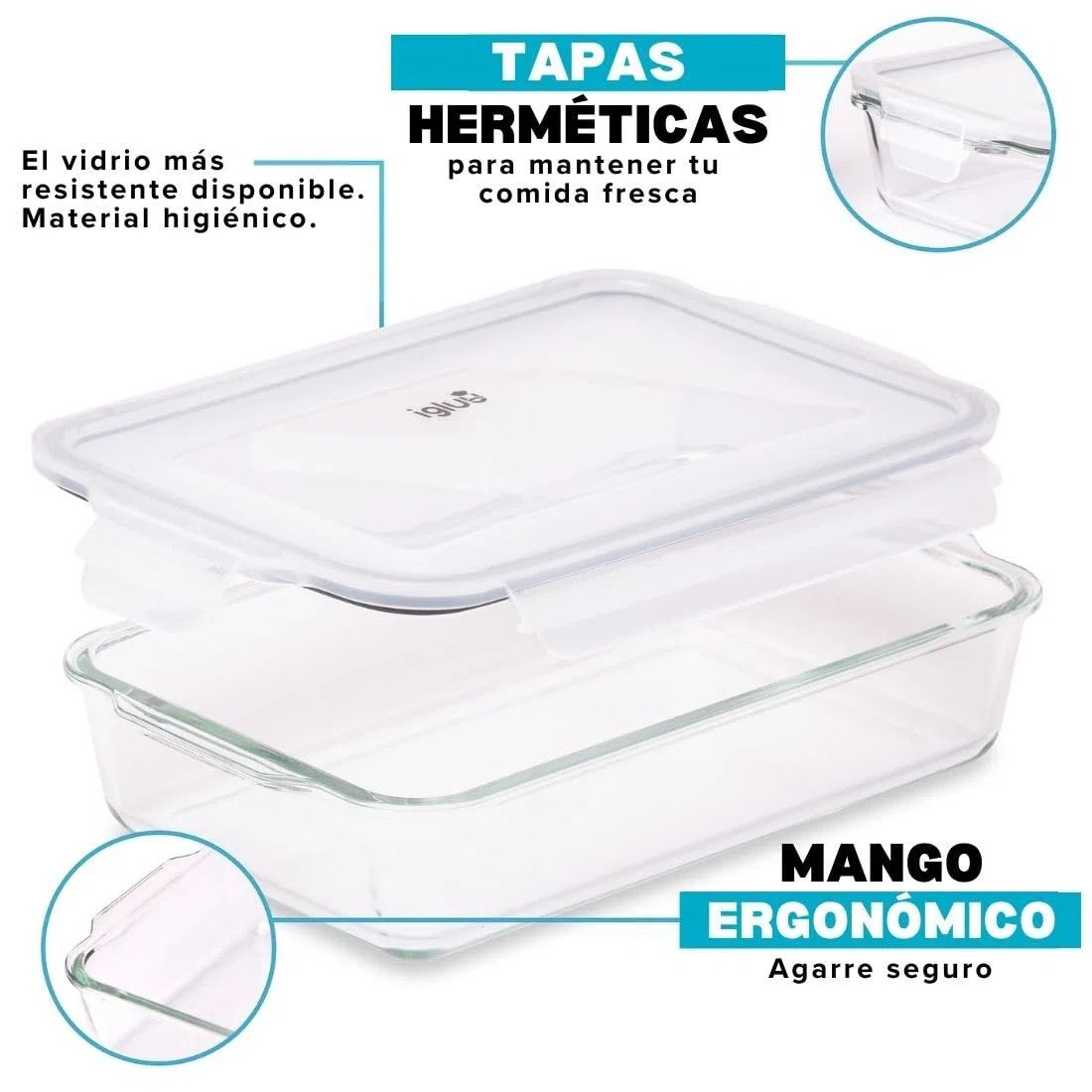 Igluu Meal Prep Fuente de Cristal para Lasagna con Tapa – Hermética Sin BPA – Aptos para Horno, Microondas, Congelador y Lavavajillas – 2.2L – Vidrio de Borosilicato