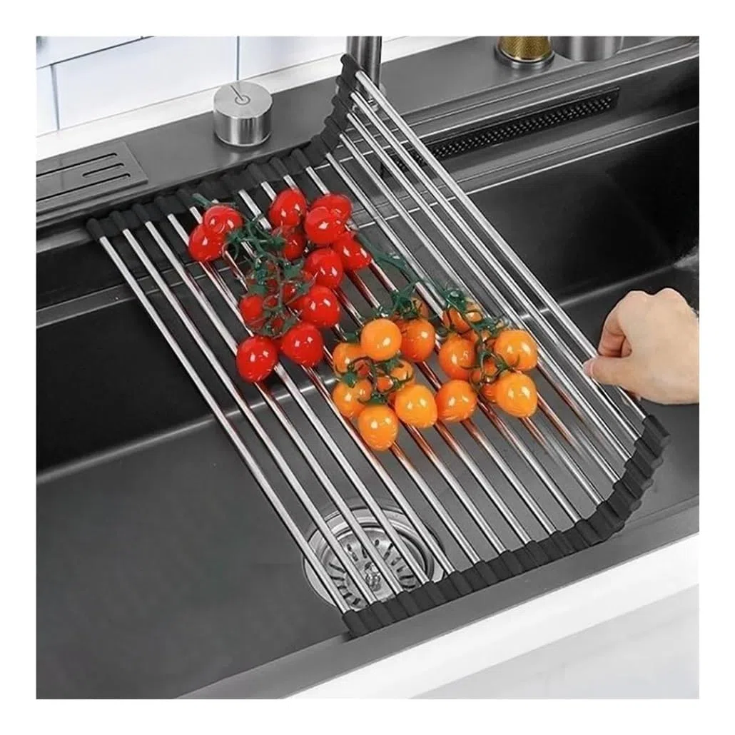 Escurridor de vajilla, Rejilla Enrollable for secar Platos, Plegable, de Acero Inoxidable, sobre Fregadero, Negro, Gris, Varios tamaños(Black,47x35cm/18.5x13.8in)