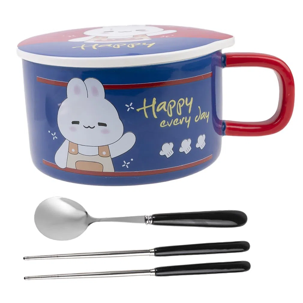 lachineuse – Cuenco de fideos instantáneos – Cuenco de ramen asiático – Porcelana – Diseño de conejo – 1000 ml – Tapa y cubiertos – Desayuno sopa – Idea de regalo Asia Japón China – Azul oscuro