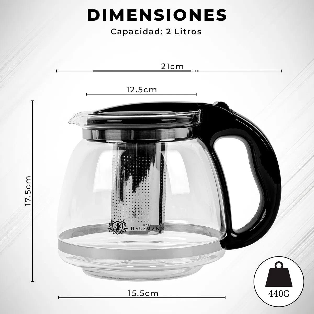 KARL HAUSMANN Tetera de Vidrio 2L con Infusor - Tetera con Filtro para Té, Infusiones y Café | Vidrio Resistente al Calor, Vertido sin Goteo, Apta Para Lavavajillas