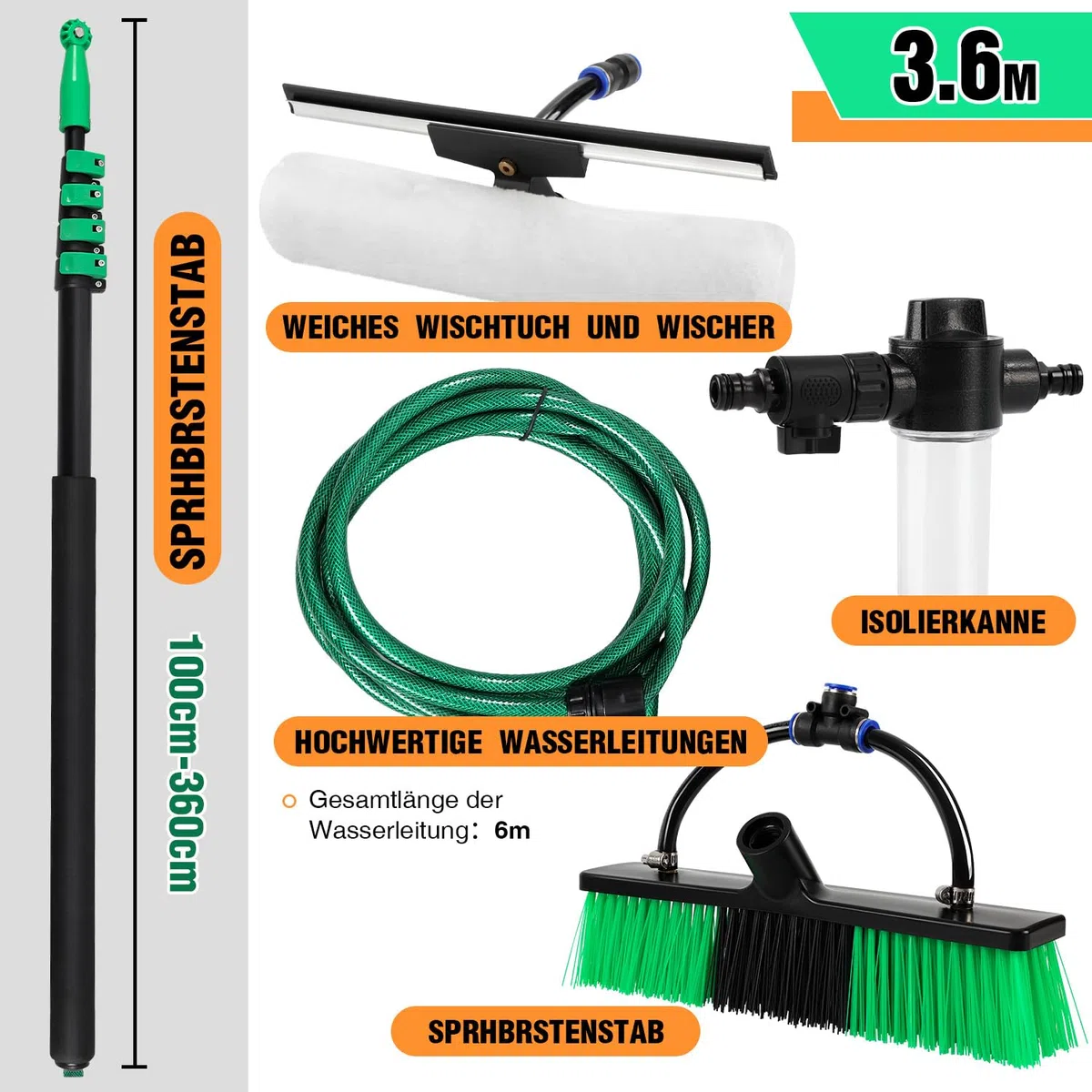 Cepillo de lavado telescópico de 3,6 m, cepillo de lavado con mango telescópico para ventanas, bordes de piscina, cepillo telescópico con conector de agua, aluminio, cepillo de limpieza de PVC
