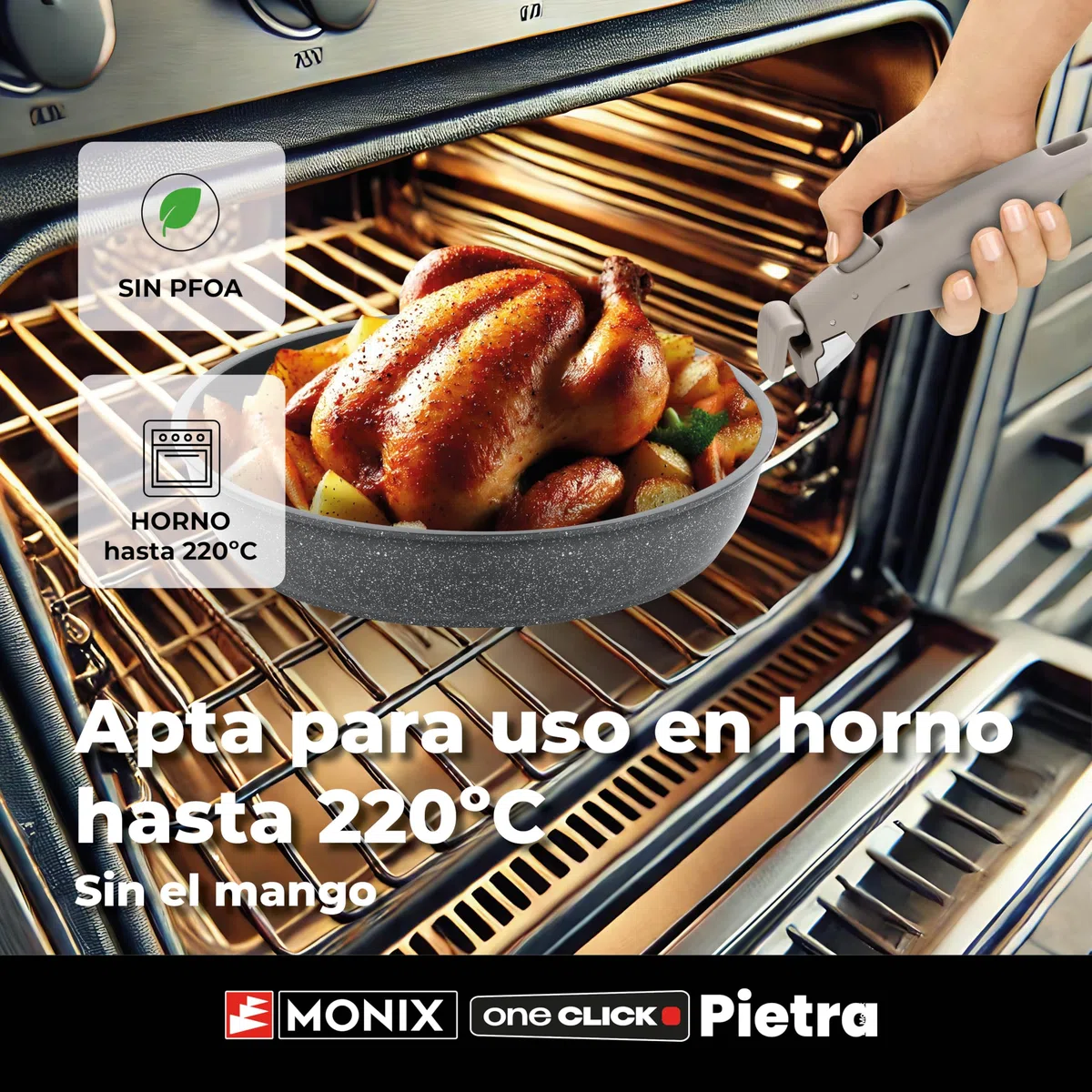 MONIX One Click Pietra | Batería 8 piezas, Aluminio Forjado con Antiadherente, libre de PFOA, Mango Desmontable, Apta para todo tipo de Cocinas, Incluida Inducción, Apilable para ahorro de Espacio