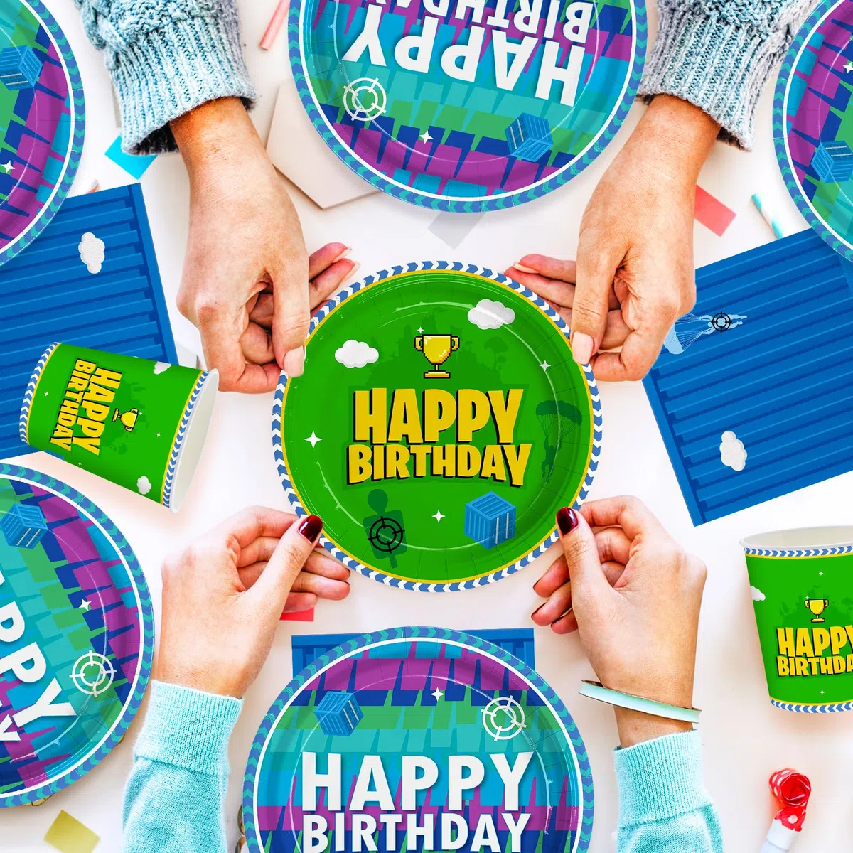 Juego de 194 piezas de decoración de fiesta de cumpleaños de videojuegos, platos de noche, servilletas, temática de llama, vasos de papel, mantel, suministros de fiesta de videojuegos para niños