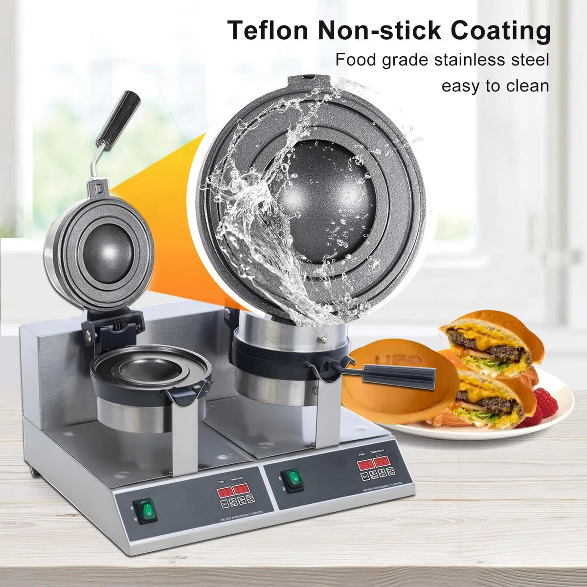 Máquina para hacer waffles comercial para hamburguesas, con pantalla digital, para hacer hamburguesas con helado, con temporizador y ajuste de temperatura, para rellenar hamburguesas, panini