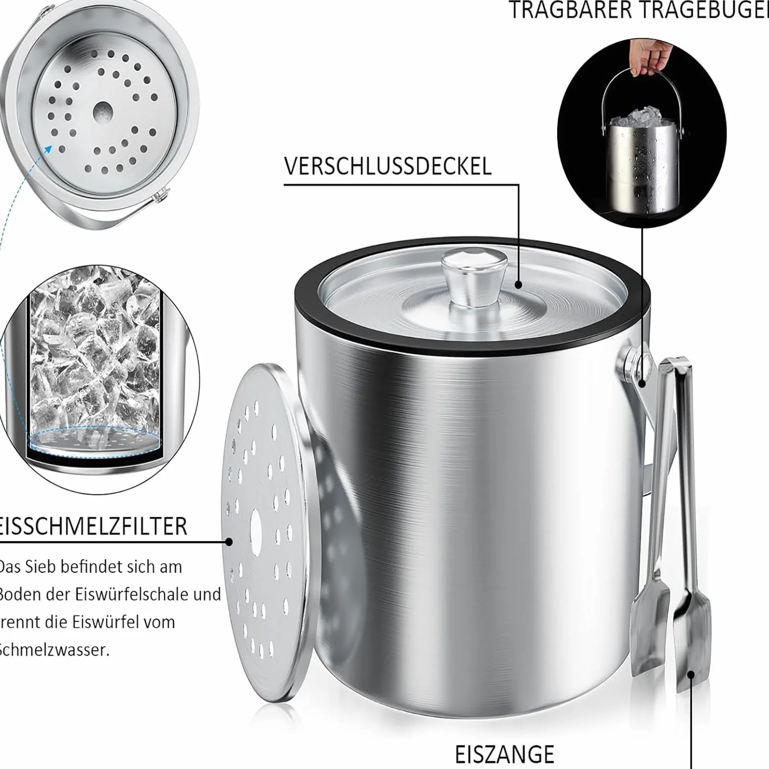 Cubitera, Cubitera Redonda con Tamiz y Pinzas Para Hielo, Cubo para Hielo con Doble Pared y Aislamiento de 3 Litros, Cubitera con Cuchara, Enfriador de Cubitos de Hielo, para Enfriar Cerveza