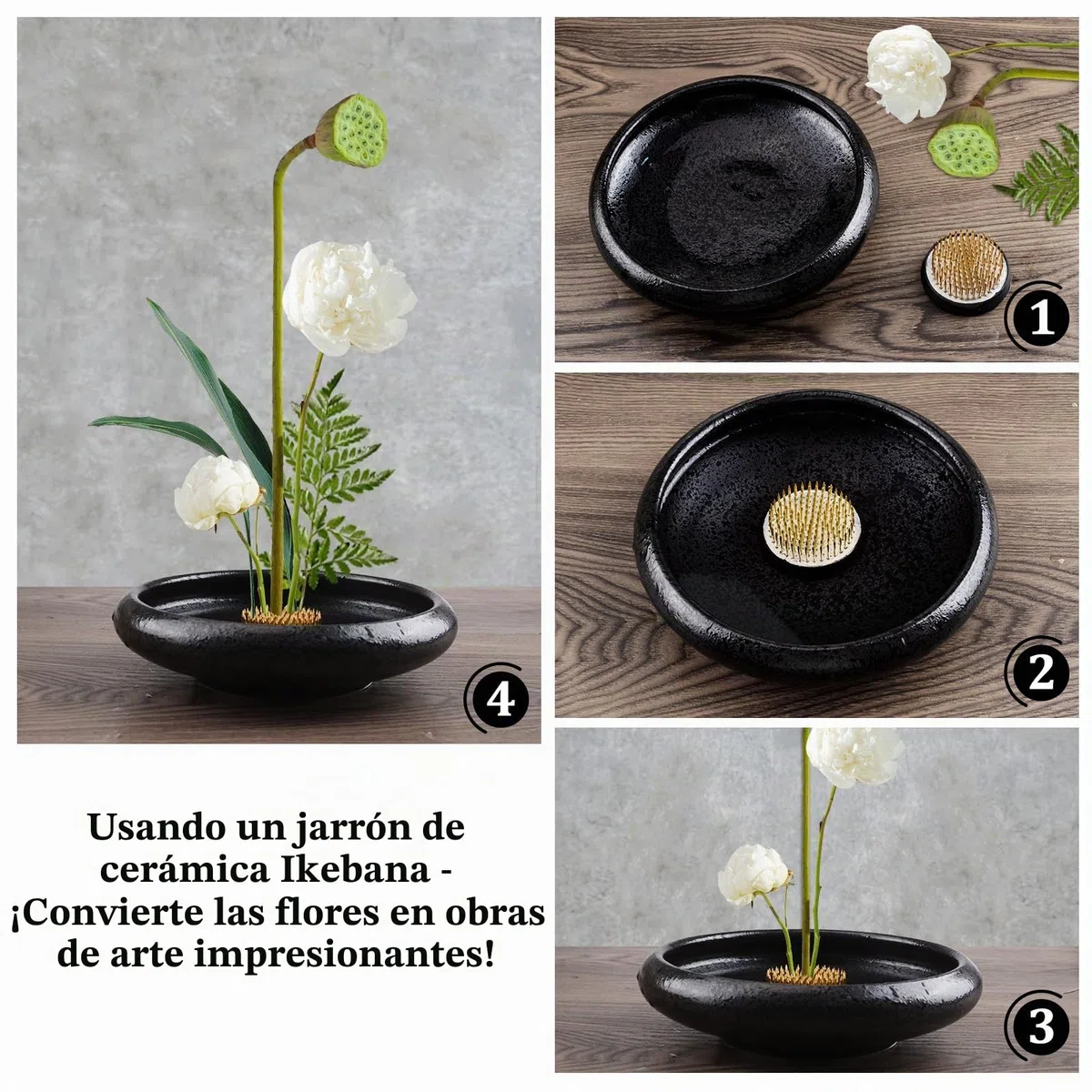 Suministros para arreglos florales CRAFFANCY, jarrón de cerámica ikebana profundo y redondo con ranita de flores Kenzan de 5 cm para arreglo floral y decoración del hogar, negro con manchas