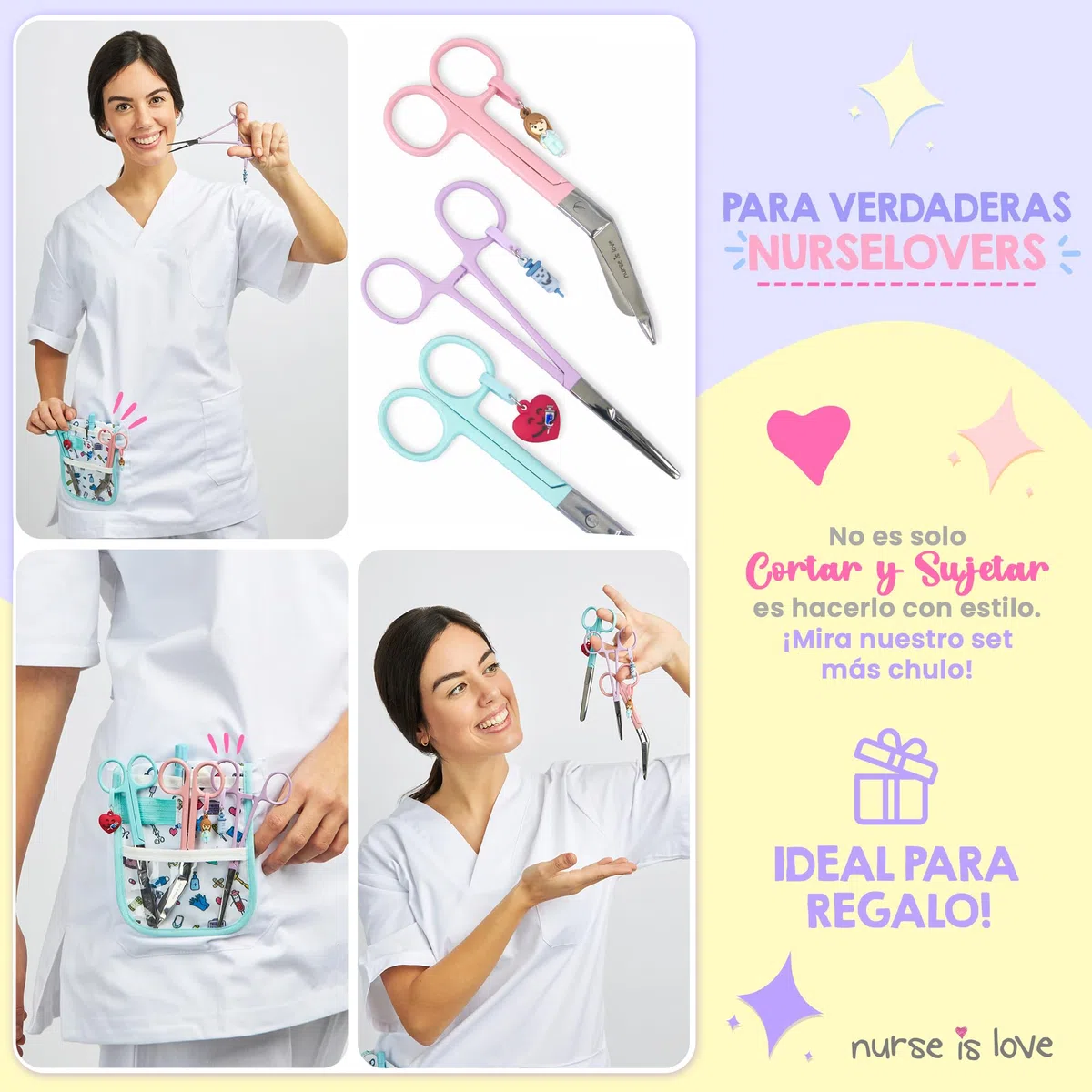 Nurse is Love Set 3uds Tijeras Enfermería Pico de Pato & Rectas Mayo + Herramienta de Sujeción | Tijeras Punta Roma Vendaje, Accesorios Enfermera, Primeros Auxilios, Auxiliar de Enfermería Multicolor