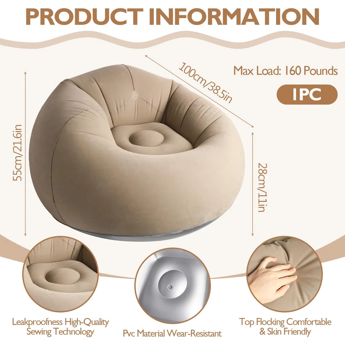 Silla Sofá Inflable, Puf Hinchable con una Bomba, Asiento Hinchable Tumbona Gaming, Sofá de Aire para Dormitorio, portátil, Plegable, para Camping, jardín, Playa, Interior y Exterior
