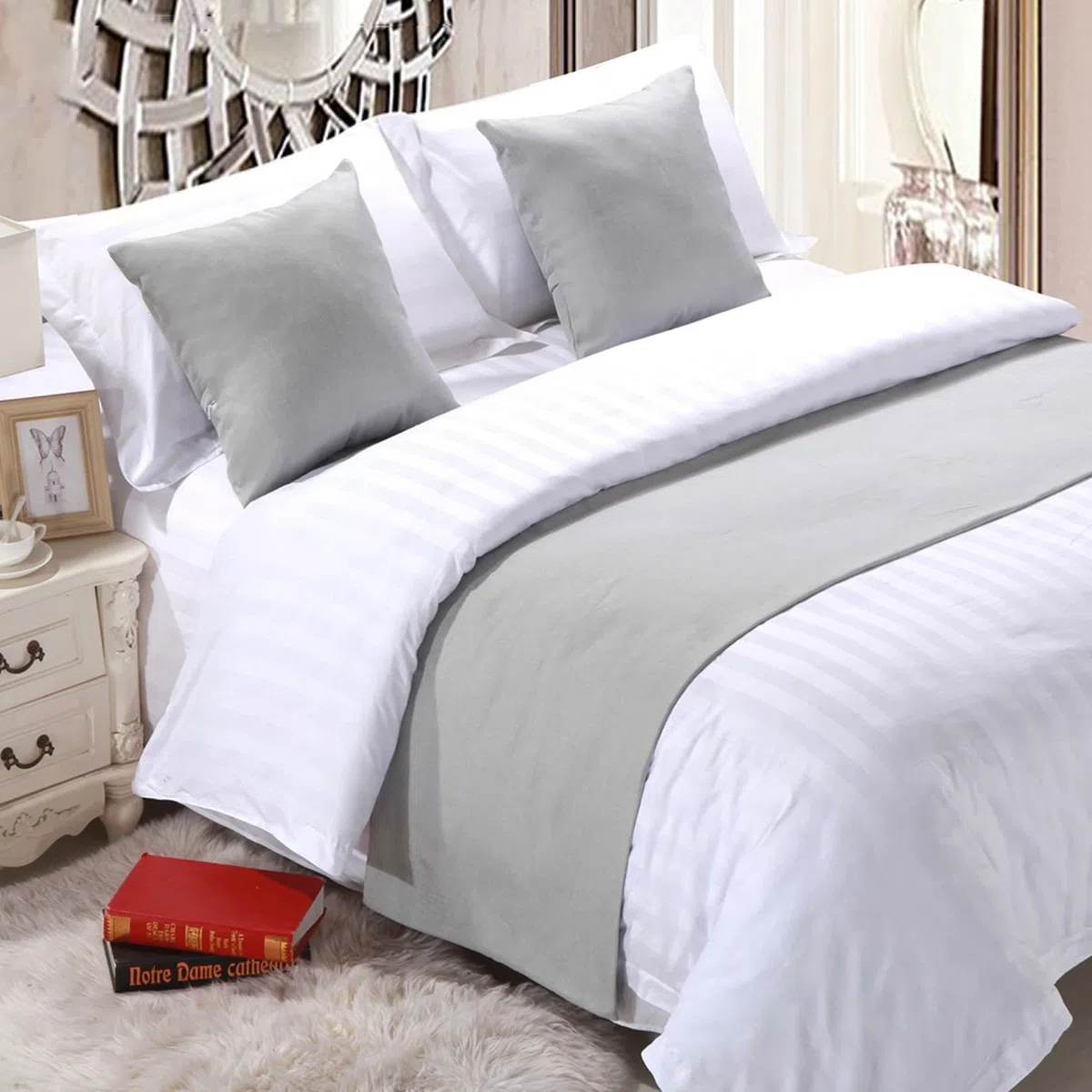 Camino de Lino para Decoración y Protección de Ropa de Cama, Color Sólido, Manta, Bufanda, Colcha para Hotel, Dormitorio, Hogar - Gris Crema, 50 x 210 cm para Cama de 1,5