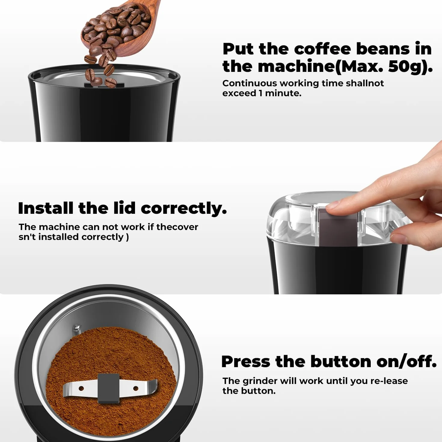 KYG Molinillo de Café Eléctrico para Granos Espresso, Frutos Secos y Granos, Potente Molinillo de Café Compacto Funcionamiento con un Solo Toque y Cuchillas de Acero Inoxidable 200w Negro