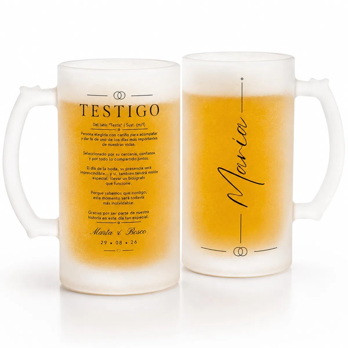 Gifters | Pack 2 Jarras de Cerveza Personalizadas para Testigos de Boda | Cristal Mate 500 ml con Nombre | Regalo Original y Elegante para Testigo y Testiga | Detalle Especial Boda