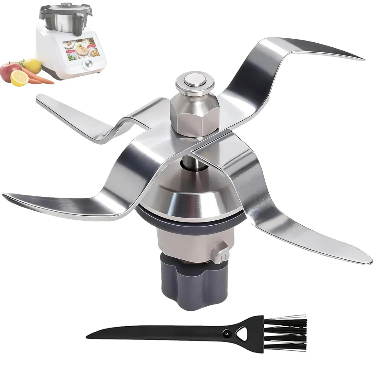 Poweka Cuchilla de Repuesto Compatible con Silvercrest Monsieur Cuisine Connect y Monsieur Cuisine Smart Robot de Cocina en Acero Inoxidable con Junta y Cepillo de Limpieza