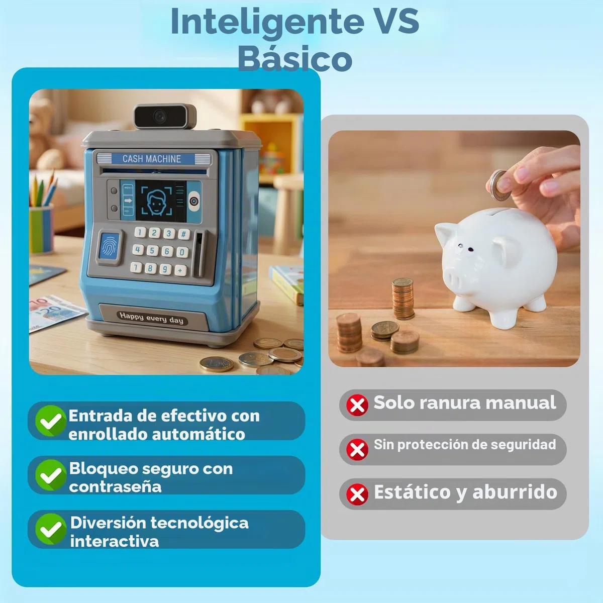 Hucha Electrónica para Niños y Niñas con Contraseña y Huella Dactilar, Cajero Automático de Juguete con Succión Automática, Huchas Originales Educativas, Regalo de Cumpleaños, 18x14x14cm, Azul