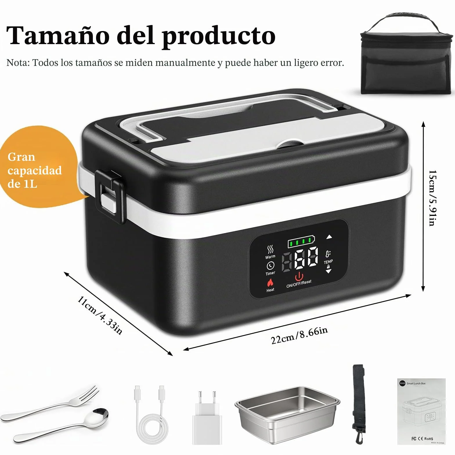 Fiambrera Eléctrica,Fiambrera Recargable Taper Electrico Para Comida de 16 000 mAh, Calentador de Alimentos portátil de 1 l con Calentamiento Automático, almuerzo caja calefactora