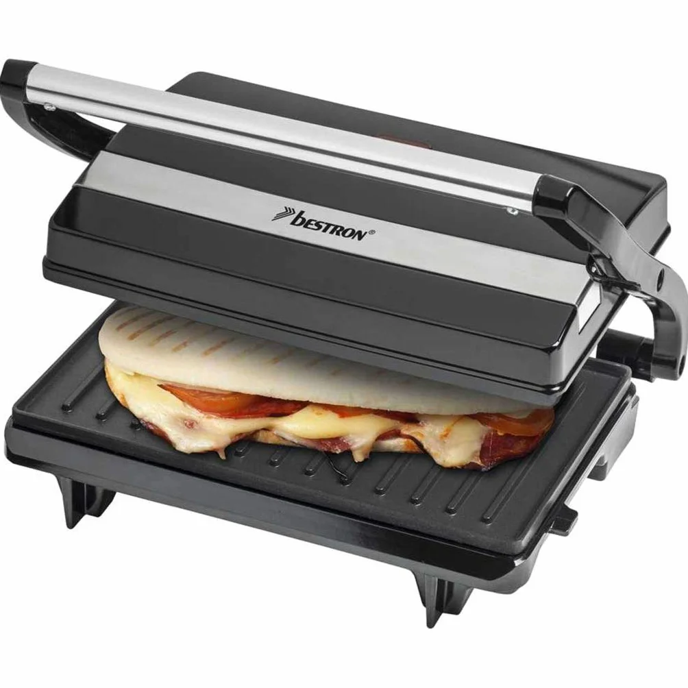 Bestron Parrilla Sandwichera Panini con Revestimiento Antiadherente, 700 W, Negro