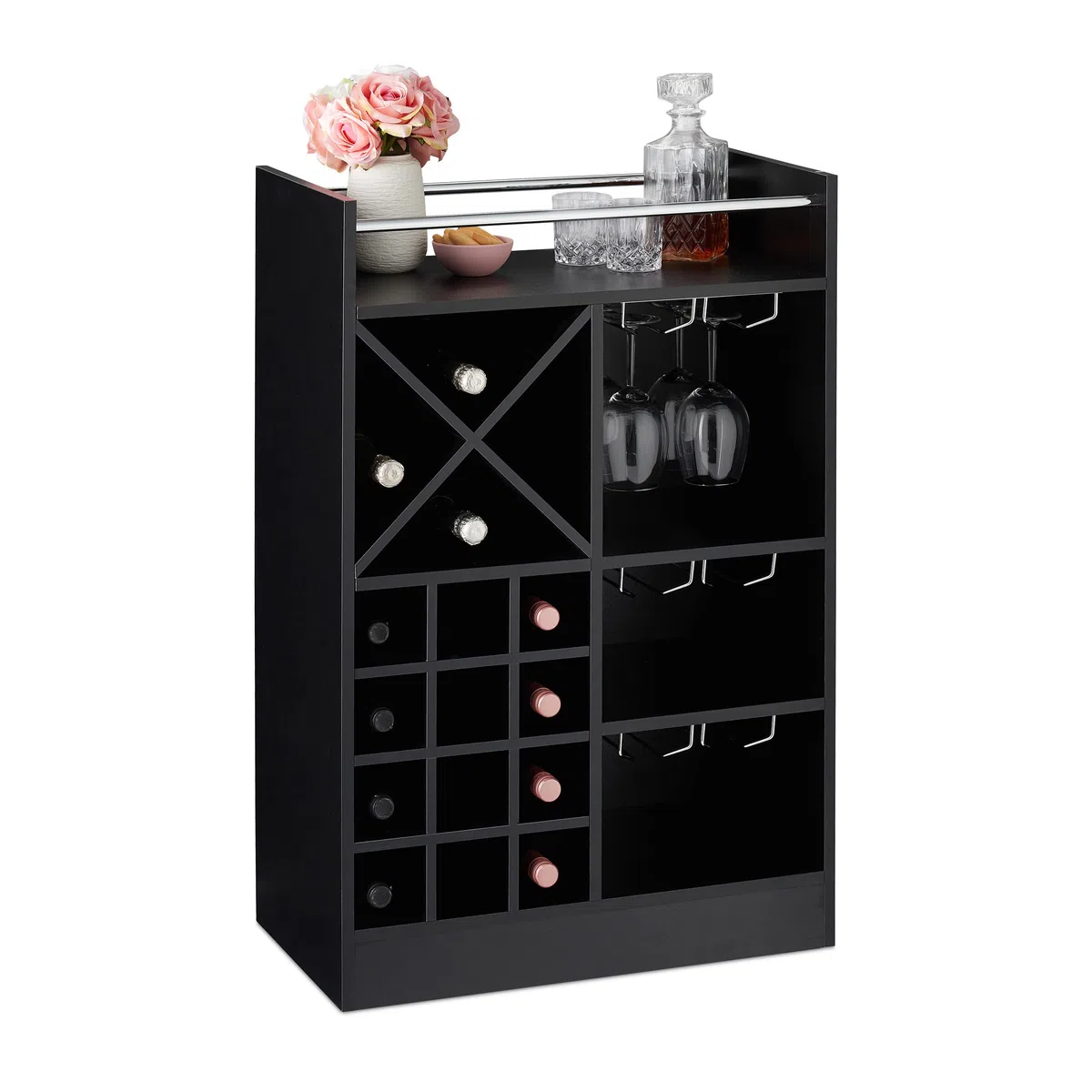 Relaxdays Botellero Grande para 22 Botellas Vino, Mueble Bar, De Pie, Tablero Aglomerado, 1 Ud., 96x63x35 cm, Negro