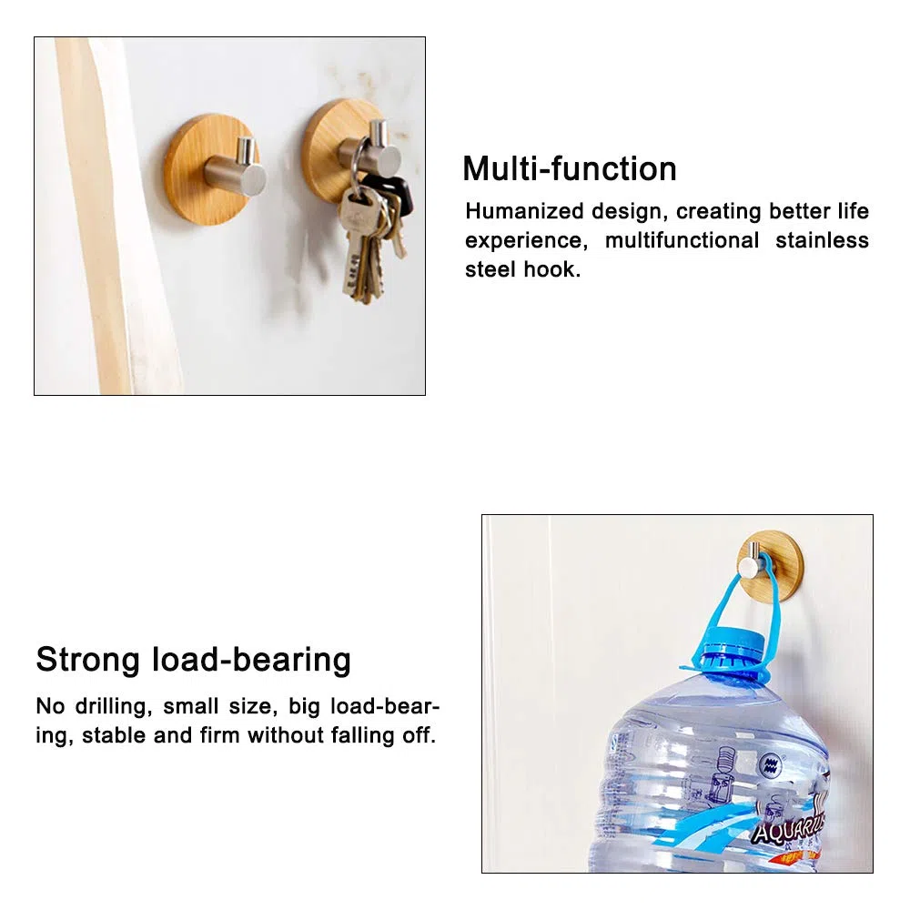 Ganchos de bambú autoadhesivos, 4 piezas de acero inoxidable y bambú para toallas, ganchos de pared de bambú, ganchos de bambú para abrigos, baño, cocina, oficina, gancho para toallas