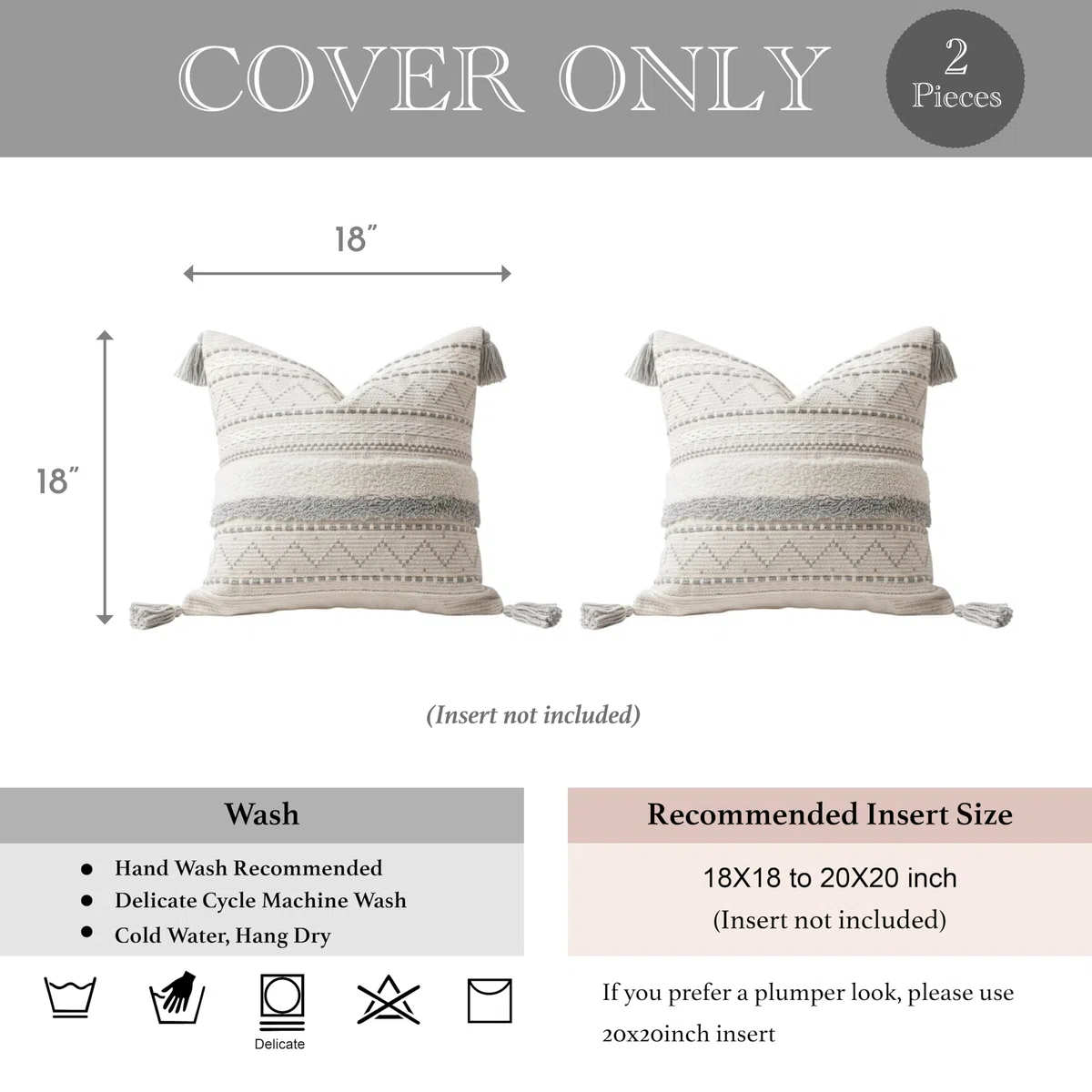 BlissBlush - Funda de cojín decorativa, 45,7 x 45,7 cm, juego combinado de 2 fundas de cojín cuadradas, grises, con borlas, cojín para sofá, dormitorio, salón, decoración del hogar, solo la funda