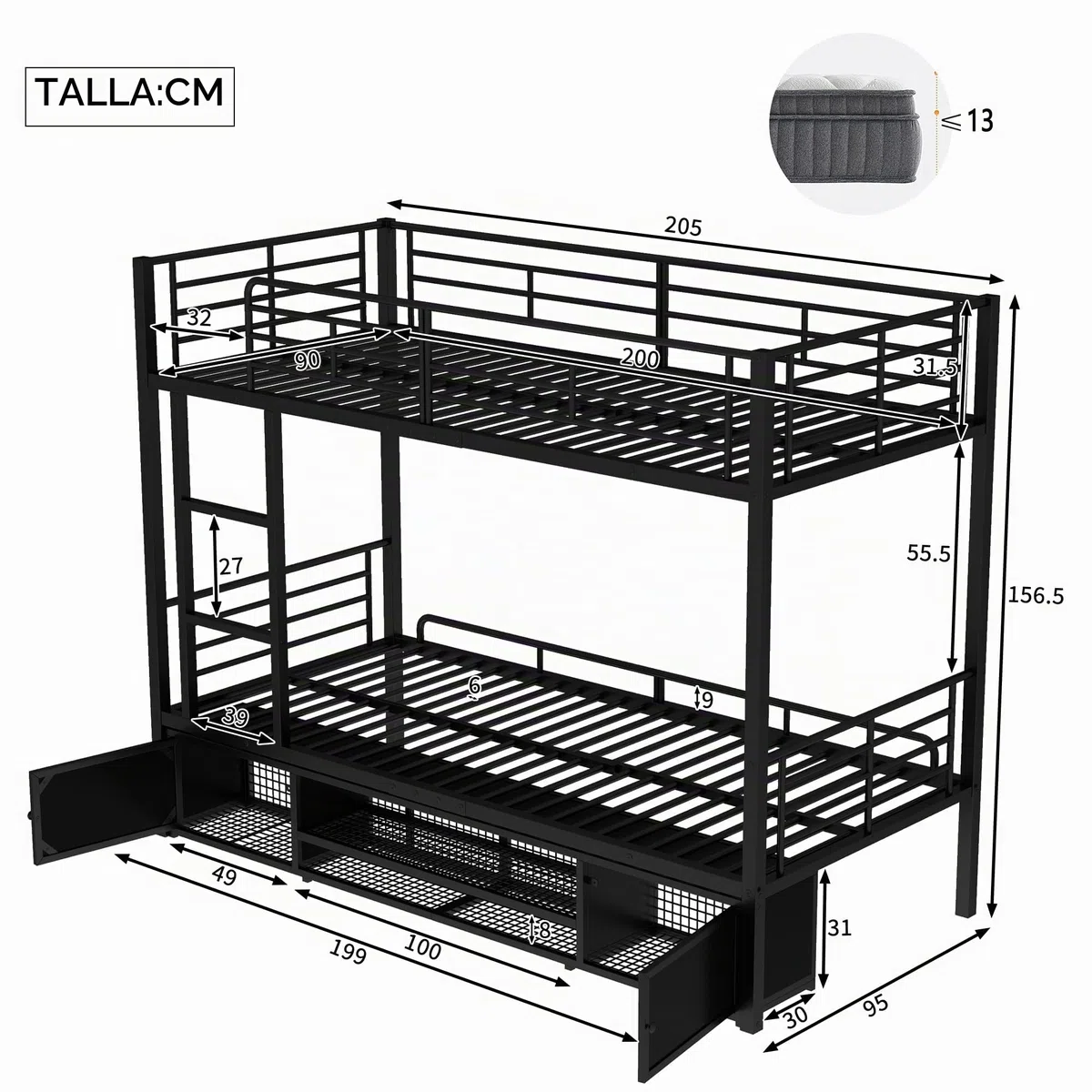 Lubvtti Litera con estructura de hierro 90 x 200 cm, zapatero abierto y pequeño armario de dos puertas, con escalera lateral y red de protección, negro (colchón no incluido)