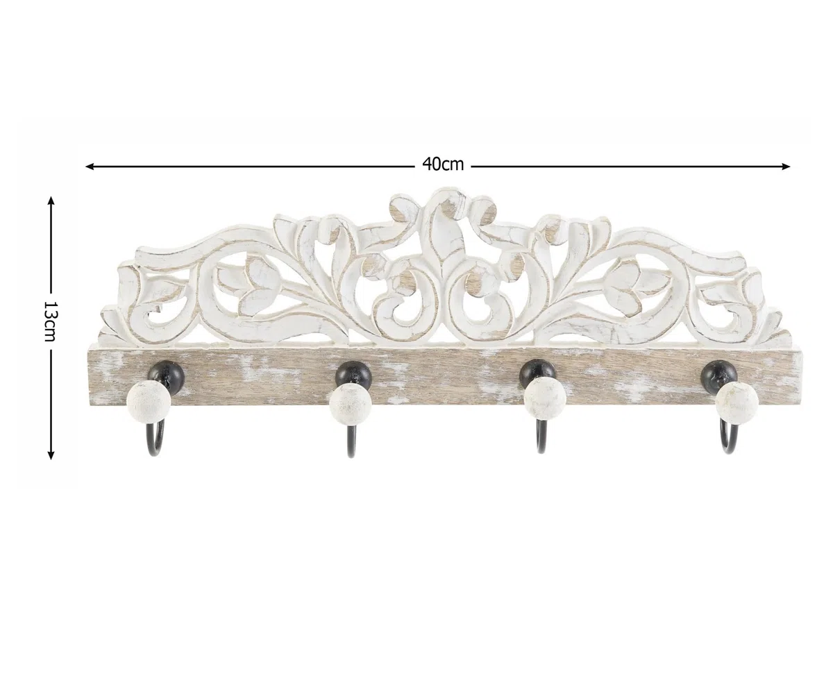 Perchero de pared mango madera tallado floral metal con 4 colgadores resistentes 40x9x13 cm (Tallada floral)